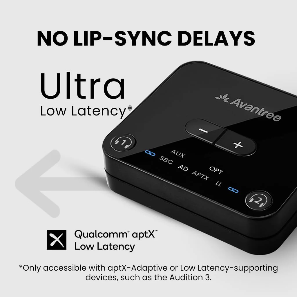Avantree Audikast 3 [2025 Version] - Bluetooth 5.3 Transmitter for TV with Optical or AUX Audio Output Port, aptX-Adaptive & Low Latency, Dual Link for 2 Headphones, and 100ft Long Range - Image 7