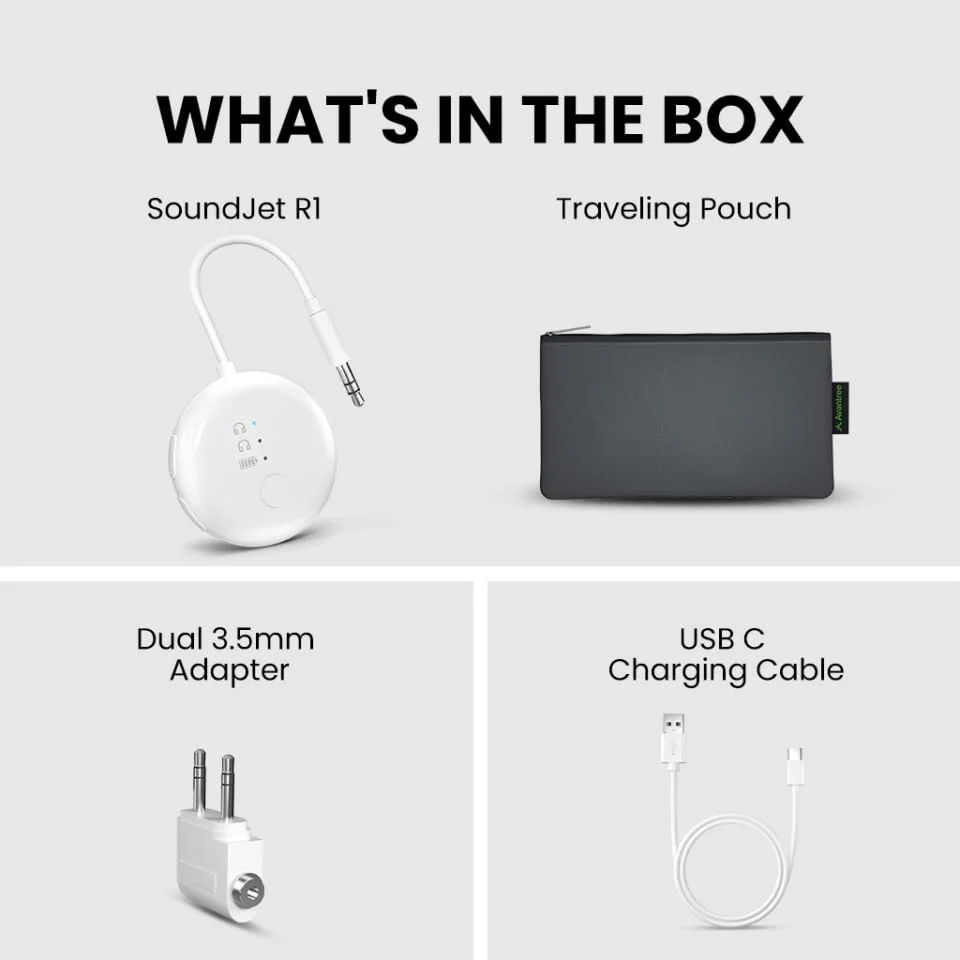 Avantree SoundJet R1 [2025 New] - Airplane Bluetooth 5.3 Adapter for up to 2 AirPods or Headphones with Low Latency and 20hr Playtime, Wireless Audio Transmitter for Flights, Travel, Gym, TV, Tablet White - With Dual Adapter - Image 7