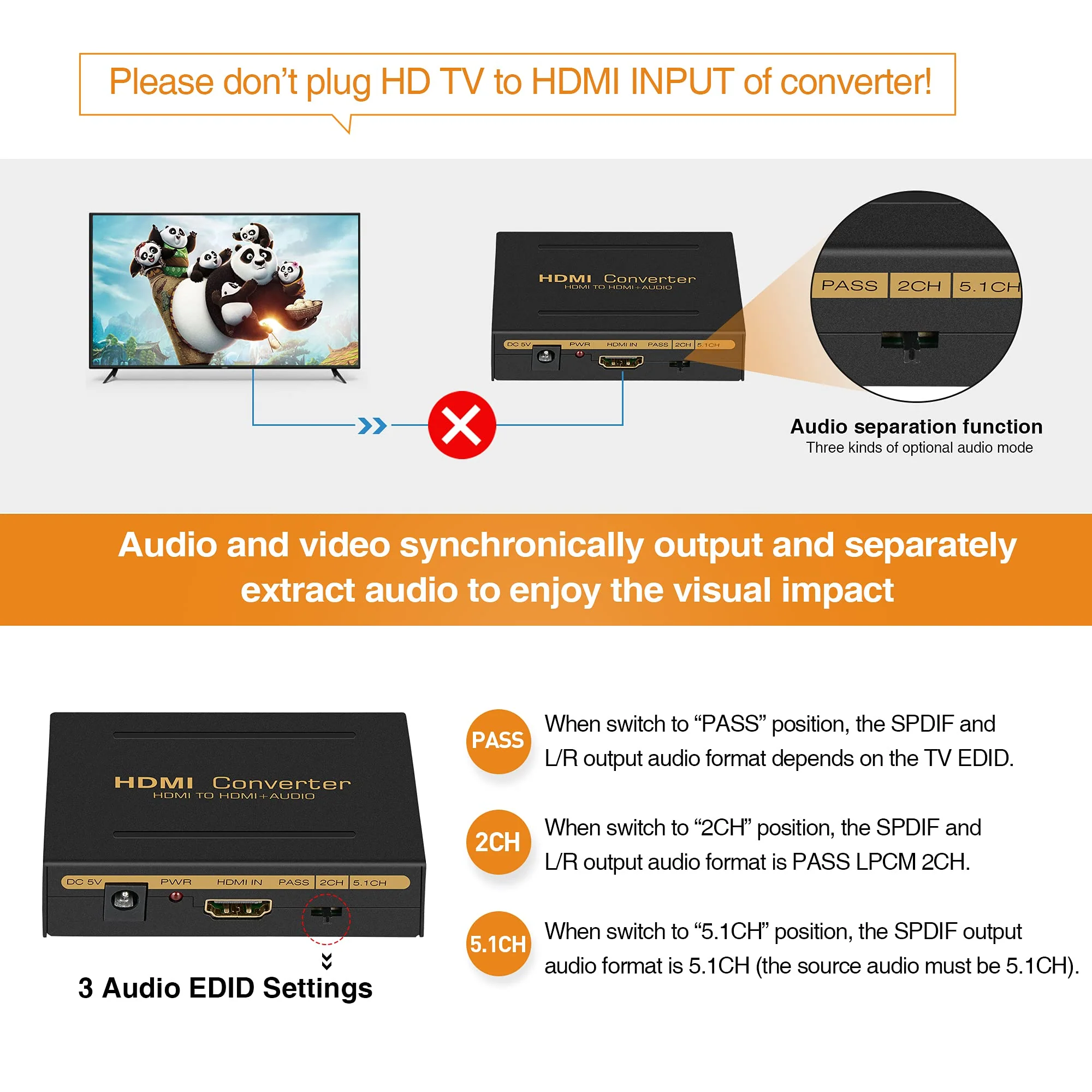 avedio Links 4K@60Hz HDMI Audio Extractor Converter, HDMI to HDMI + Audio (SPDIF + L/R Stereo), HDMI Video Audio Splitter Embedder Adapter for Fire Stick, Xbox, Support 3D, HDCP 2.2, 18Gpbs 4K 60Hz - Image 3