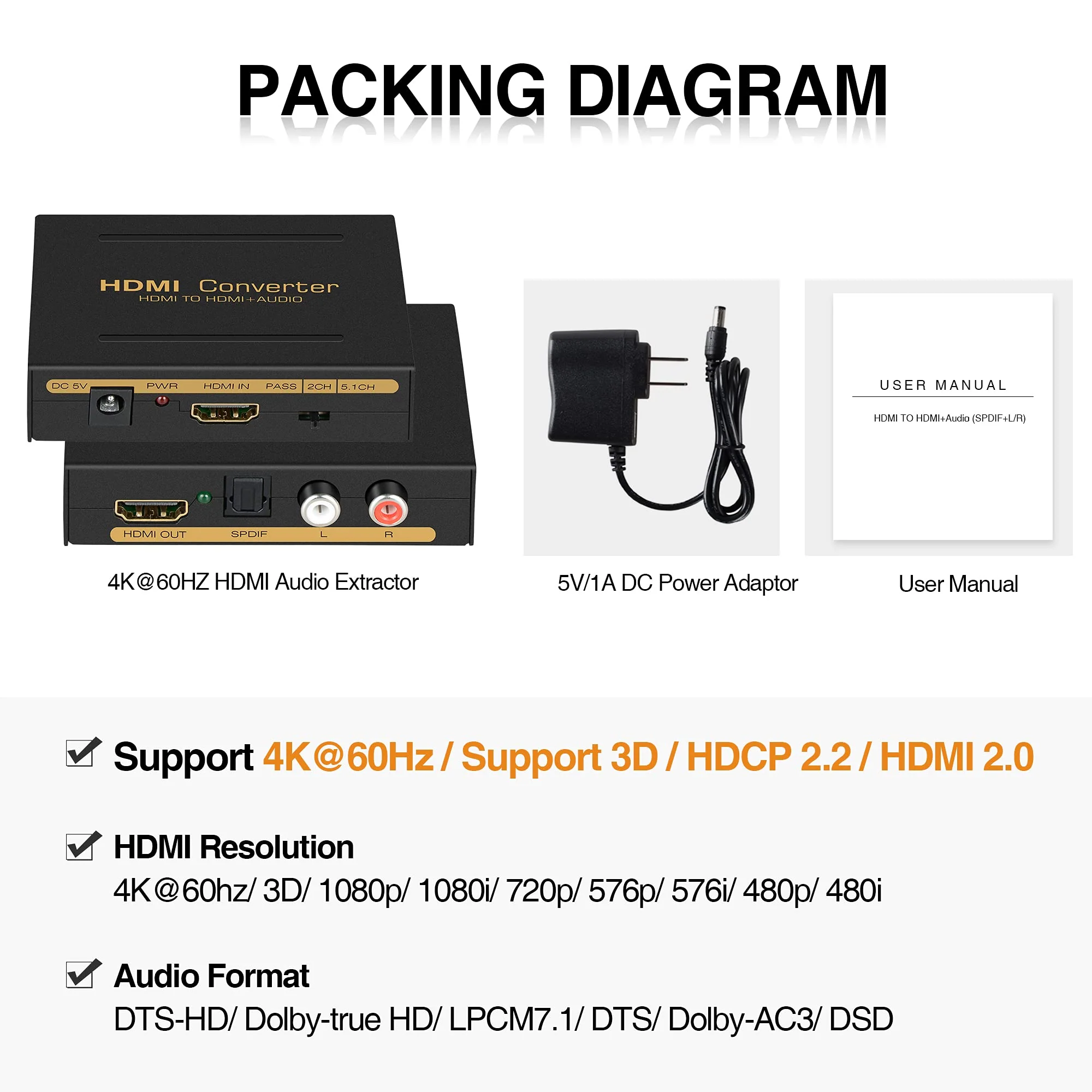 avedio Links 4K@60Hz HDMI Audio Extractor Converter, HDMI to HDMI + Audio (SPDIF + L/R Stereo), HDMI Video Audio Splitter Embedder Adapter for Fire Stick, Xbox, Support 3D, HDCP 2.2, 18Gpbs 4K 60Hz - Image 8