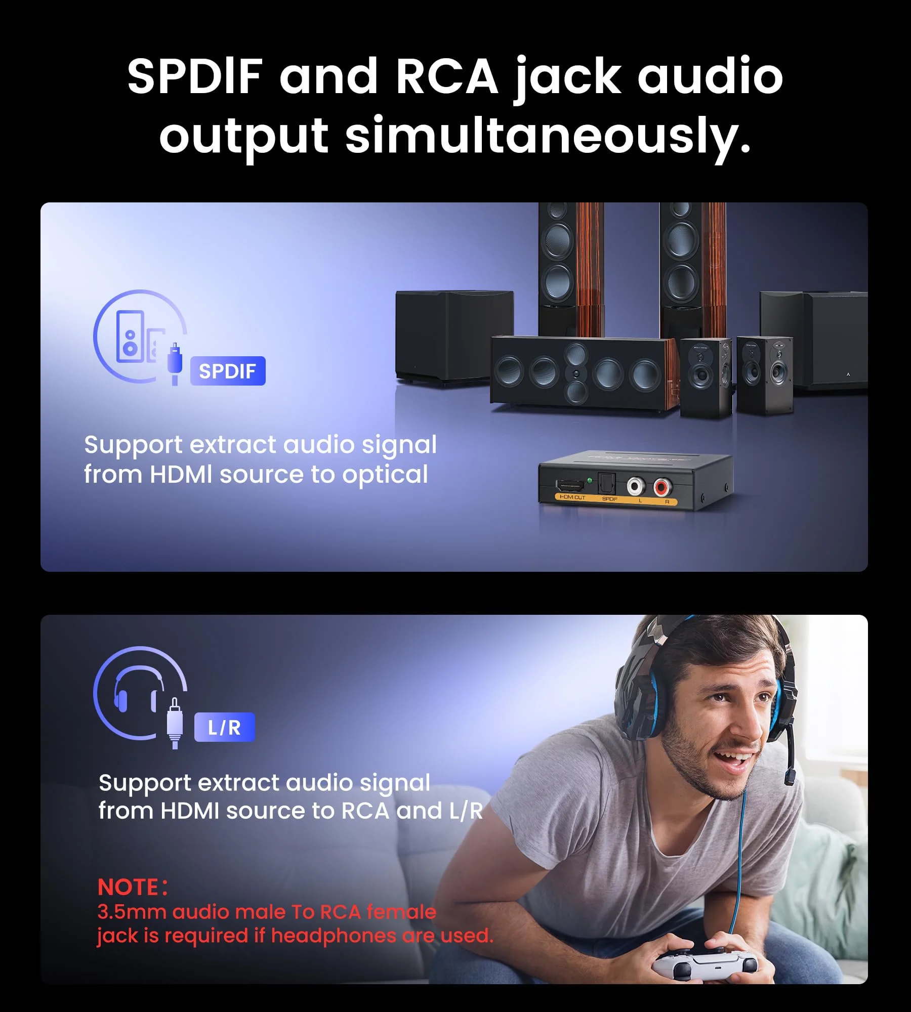 avedio links 4K 60Hz HDMI Audio Extractor Converter SPDIF + L/R Stereo 3.5mm Out, HDMI2.0 HDCP2.2 Dolby Digital/DTS/Dolby Vision HDR for Fire Stick, Blu-Ray Player 4K 60Hz Black - Image 5