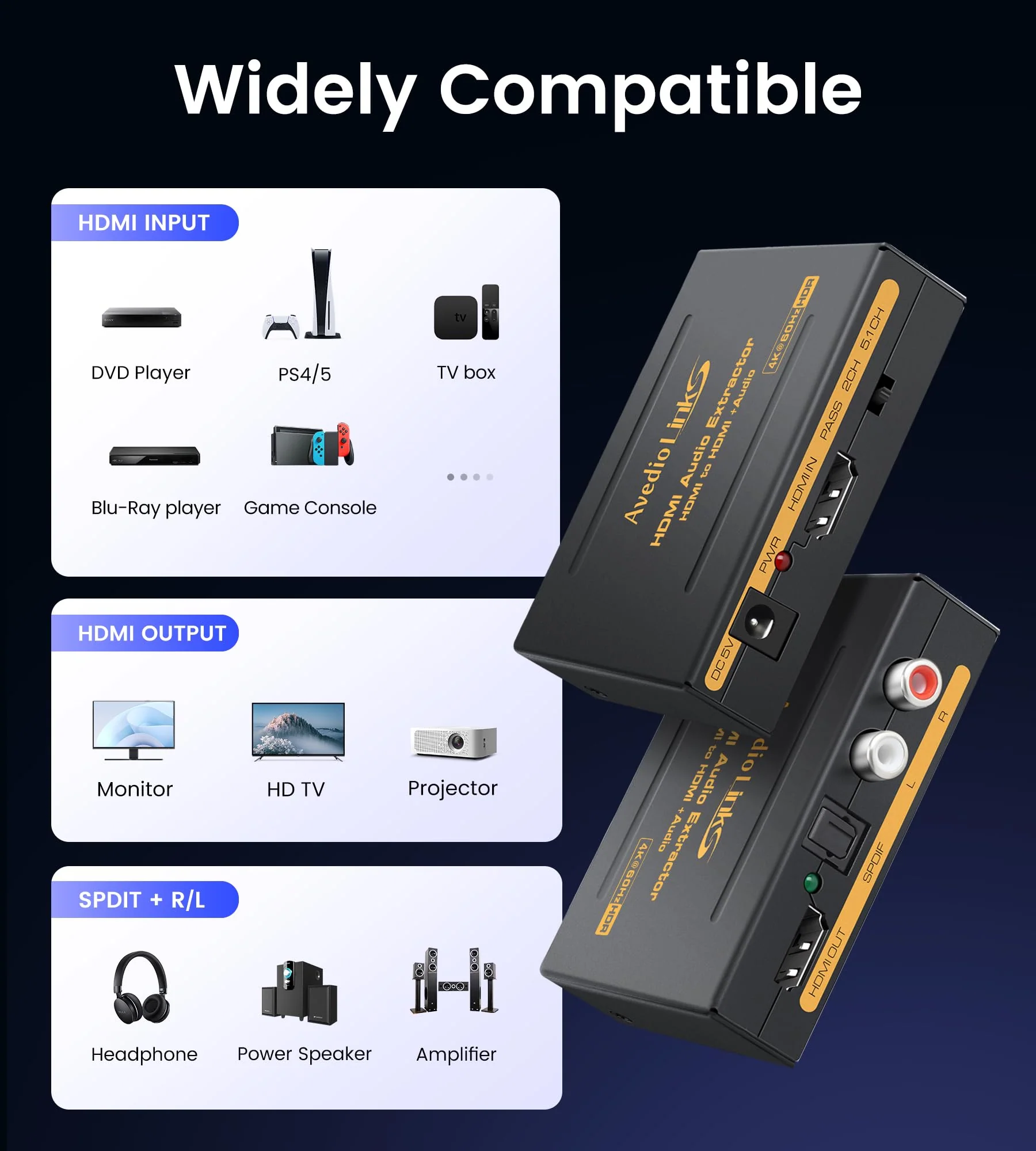 avedio links 4K 60Hz HDMI Audio Extractor Converter SPDIF + L/R Stereo 3.5mm Out, HDMI2.0 HDCP2.2 Dolby Digital/DTS/Dolby Vision HDR for Fire Stick, Blu-Ray Player 4K 60Hz Black - Image 9