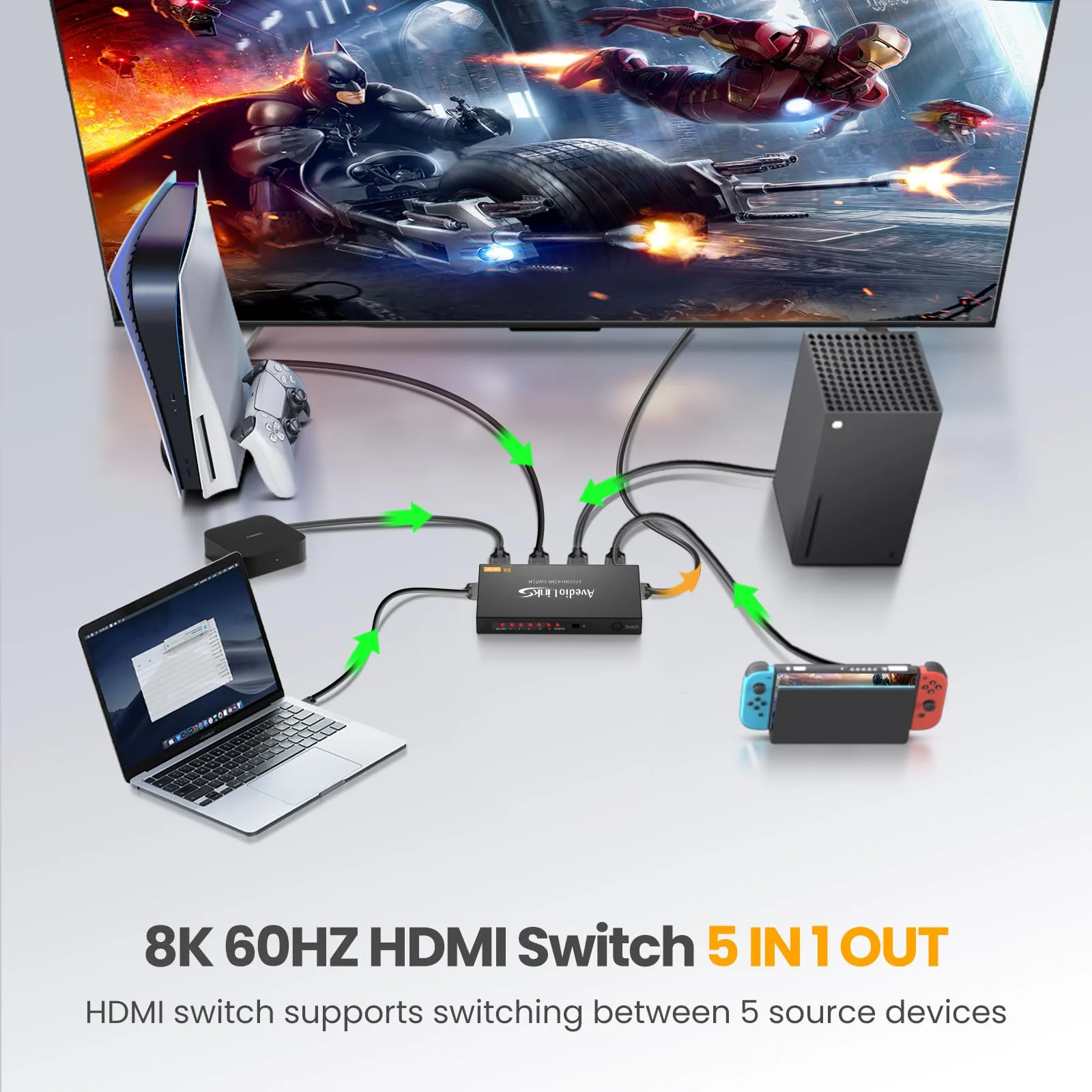 avedio links 8K HDMI2.1 Switch with Remote 5x1, 5 in 1 Out HDMI Splitter with Remote, Auto Switch HDMI Selector Box Support 4K@60Hz, HDCP2.3, HDR, 3D, for PS5, Xbox, Fire Stick, Blu-ray, HDTV 8K 60Hz 5 to 1 - Image 2