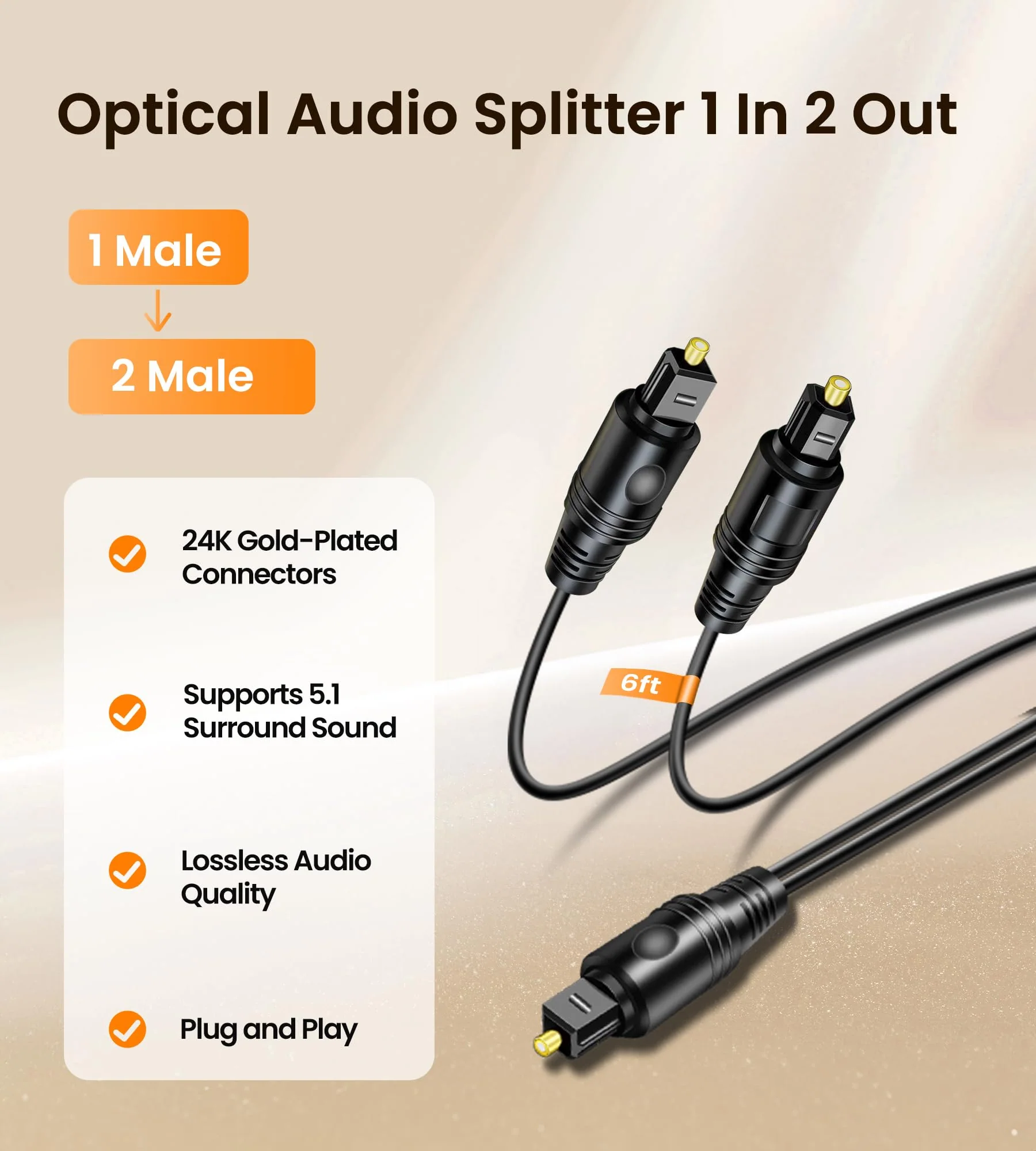 avedio links Digital Audio Splitter 1 in 2 Out 6ft, Toslink Digital Fiber Optic Audio Splitter 1 Male Input 2 Male Output (for Home Theatre, Xbox, PS3/PS4) 1 Male 2 Male 6ft - Image 5