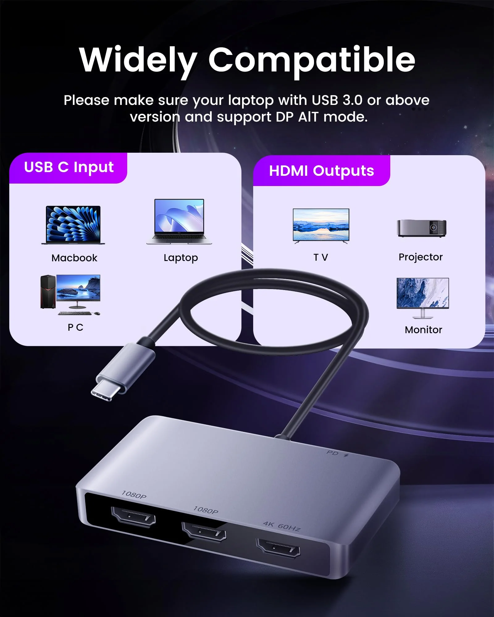 avedio links USB C to 3 HDMI Adapter, HDMI Splitter Extended Display for Triple Monitor with 100W PD Port, Out 1 4K@60Hz, Out 2 and 3 1080p, Display 4 Separate Screens for Windows/Mac OS USB C to 3x HDMI - Image 7