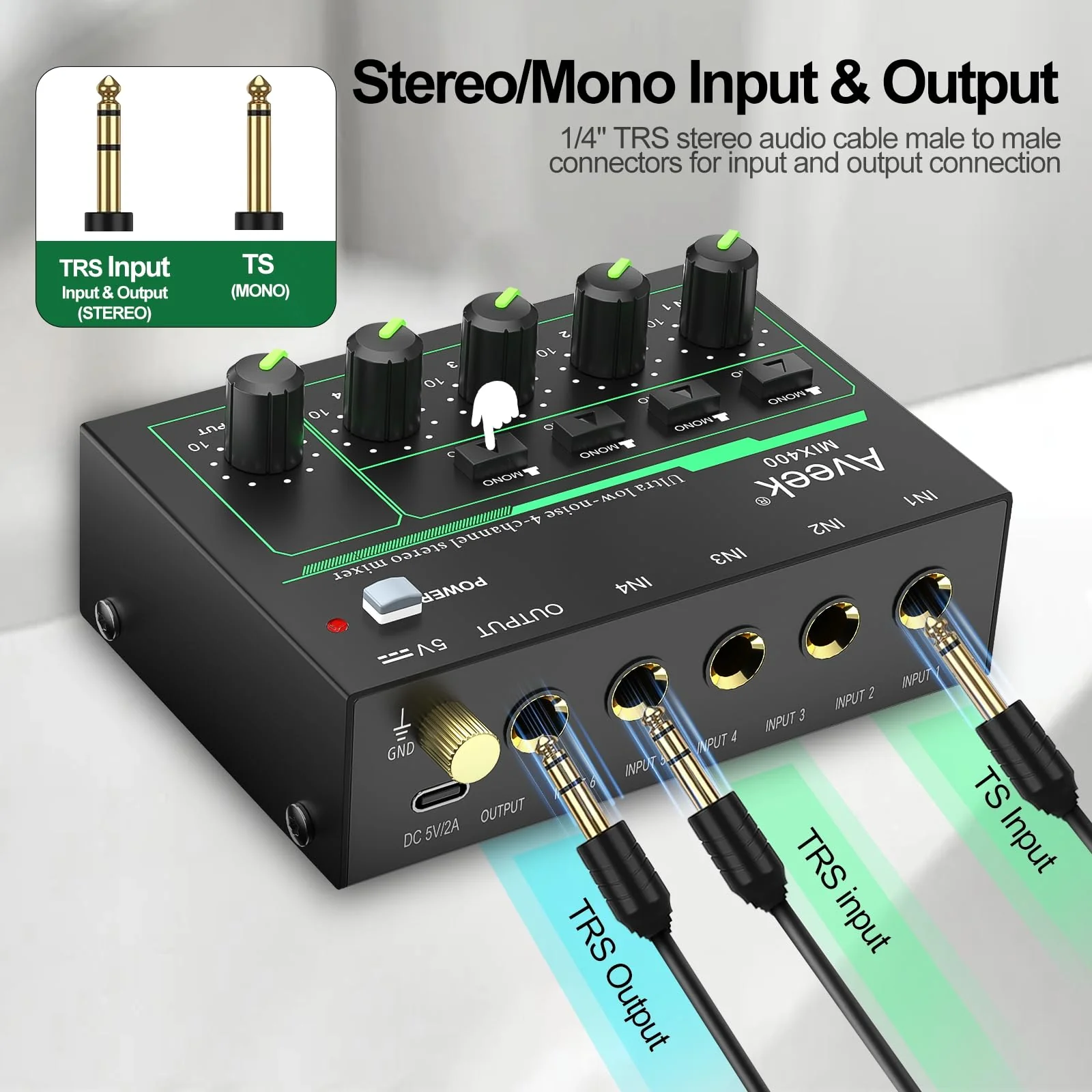 Aveek 4 Channel Mixer - Mini 4 Stereo Audio Mixer, Low-Noise for Precision Sub-Mixing,1/4" TRS Input/Output Ideal for Mics/Guitars/Bass/Stage - 3 x 4.4 x 1.3 inches - Image 2