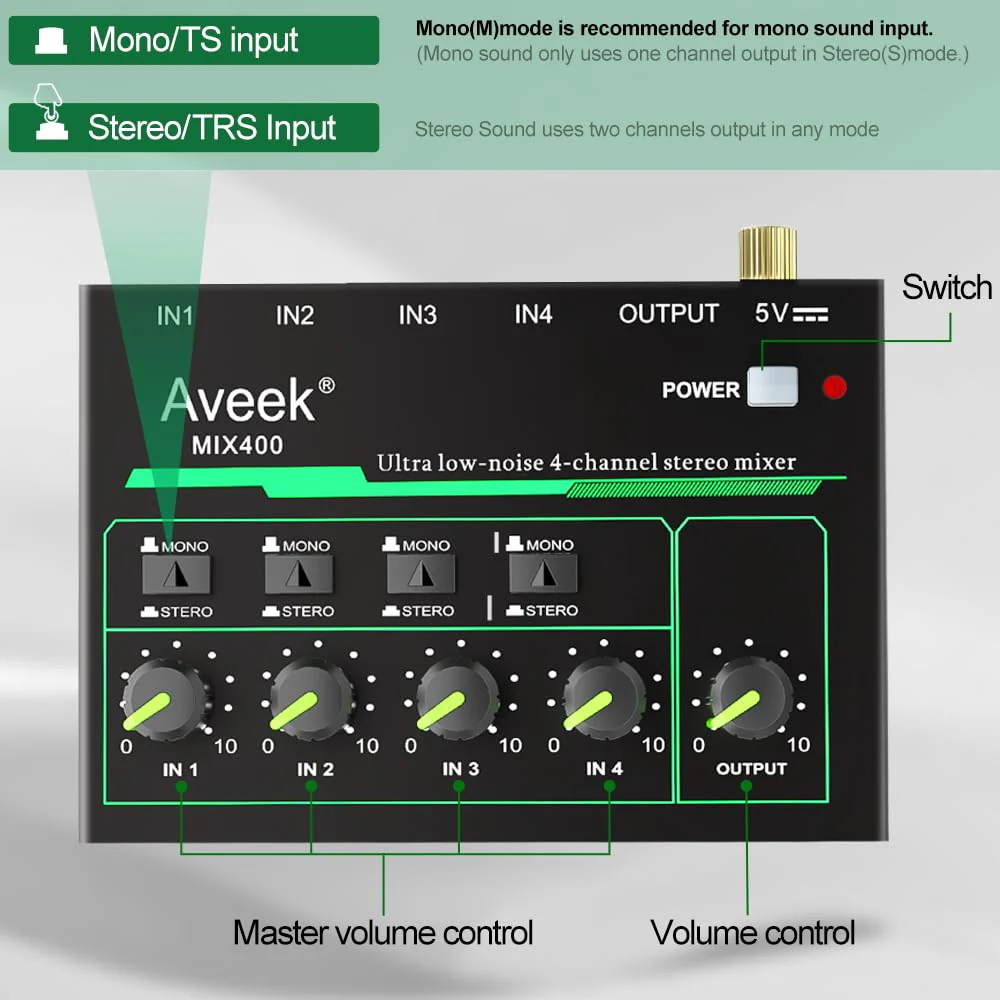 Aveek 4 Channel Mixer - Mini 4 Stereo Audio Mixer, Low-Noise for Precision Sub-Mixing,1/4" TRS Input/Output Ideal for Mics/Guitars/Bass/Stage - 3 x 4.4 x 1.3 inches - Image 3