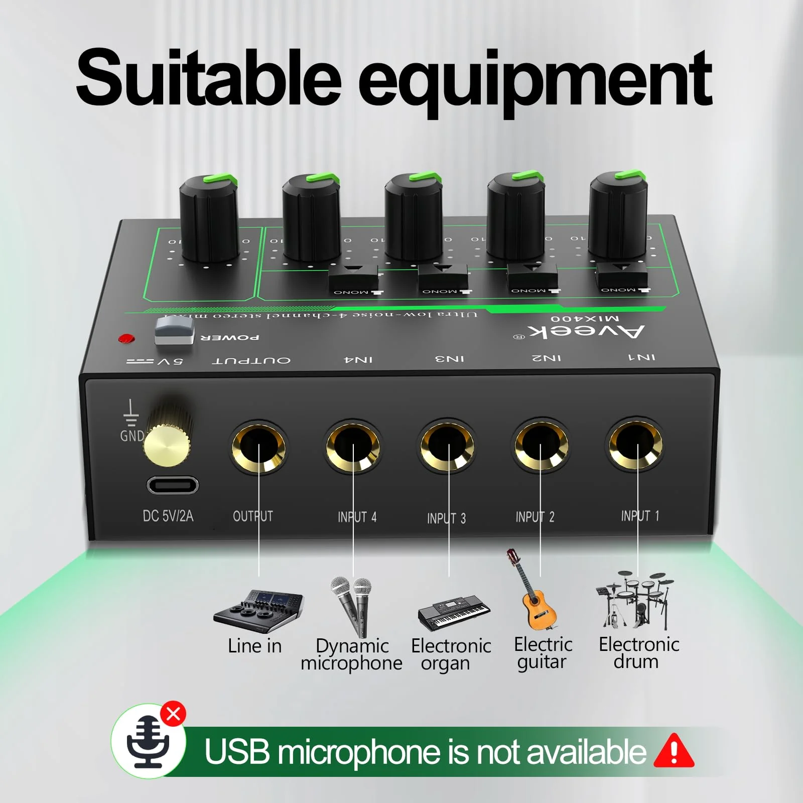 Aveek 4 Channel Mixer - Mini 4 Stereo Audio Mixer, Low-Noise for Precision Sub-Mixing,1/4" TRS Input/Output Ideal for Mics/Guitars/Bass/Stage - 3 x 4.4 x 1.3 inches - Image 4