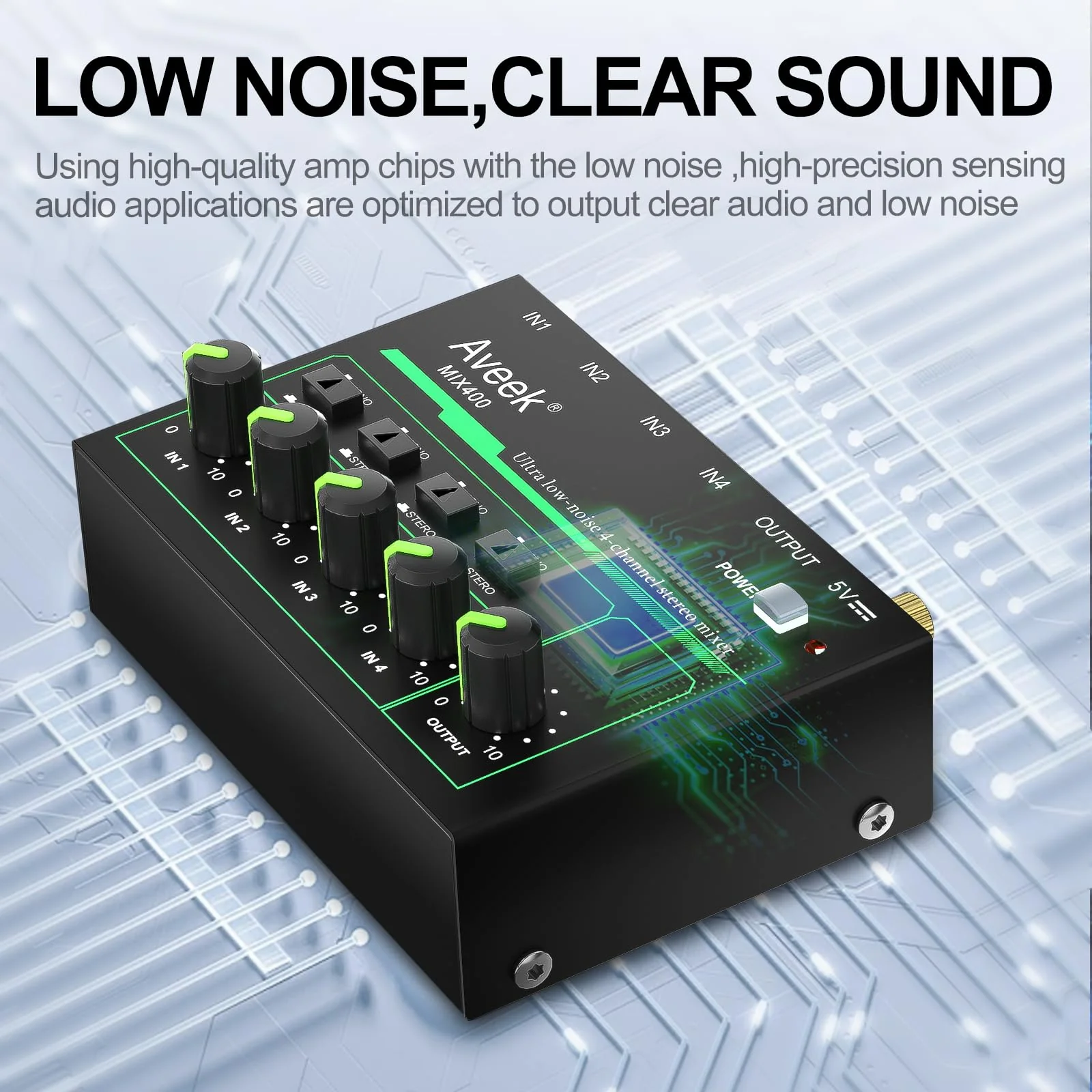 Aveek 4 Channel Mixer - Mini 4 Stereo Audio Mixer, Low-Noise for Precision Sub-Mixing,1/4" TRS Input/Output Ideal for Mics/Guitars/Bass/Stage - 3 x 4.4 x 1.3 inches - Image 5