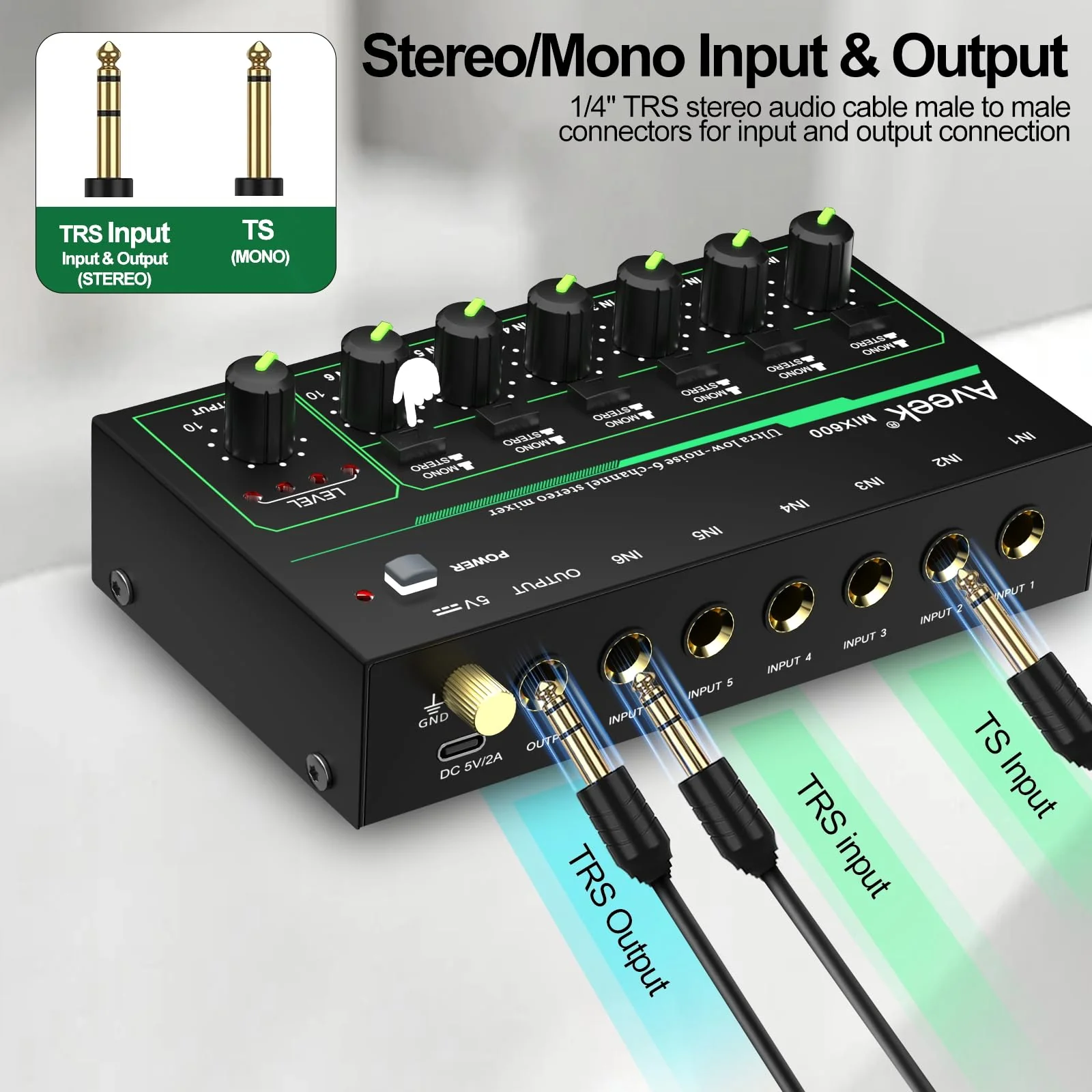 Aveek 6 Channel Mixer - Mini 6 Stereo Audio Mixer, Low-Noise for Precision Sub-Mixing,1/4" TRS Input/Output Ideal for Mics/Guitars/Bass/Stage - 3 x 5.8 x 1.3 inches - Image 2