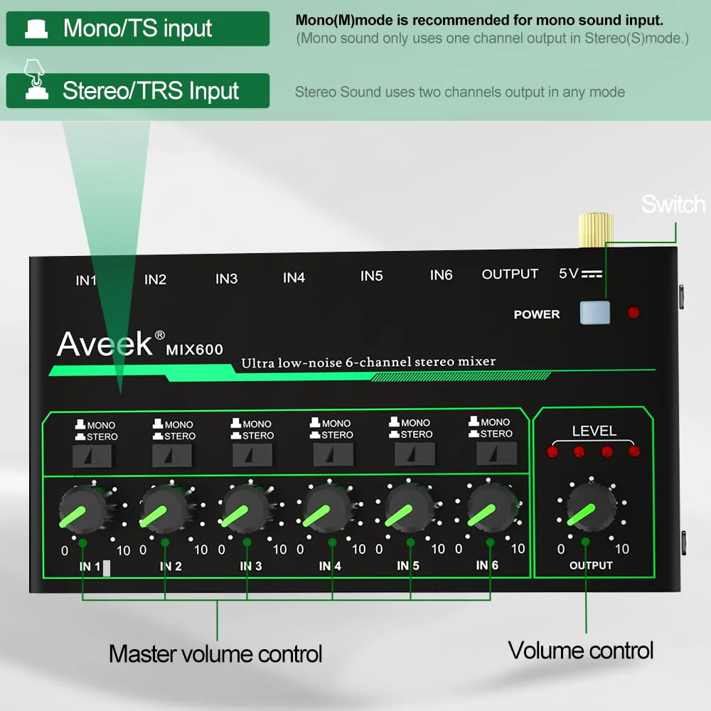 Aveek 6 Channel Mixer - Mini 6 Stereo Audio Mixer, Low-Noise for Precision Sub-Mixing,1/4" TRS Input/Output Ideal for Mics/Guitars/Bass/Stage - 3 x 5.8 x 1.3 inches - Image 3