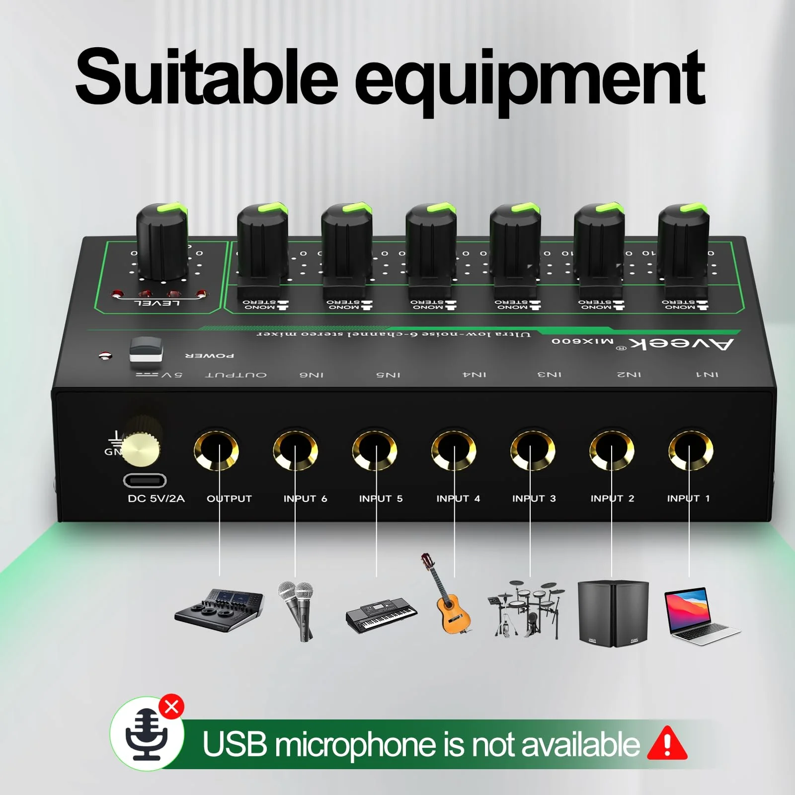 Aveek 6 Channel Mixer - Mini 6 Stereo Audio Mixer, Low-Noise for Precision Sub-Mixing,1/4" TRS Input/Output Ideal for Mics/Guitars/Bass/Stage - 3 x 5.8 x 1.3 inches - Image 4