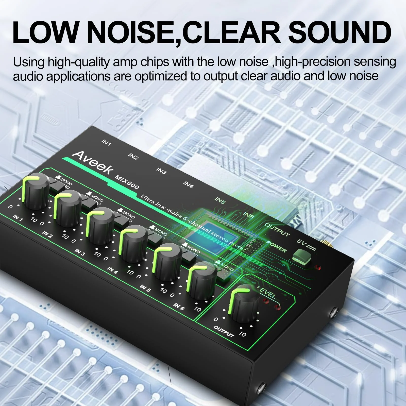 Aveek 6 Channel Mixer - Mini 6 Stereo Audio Mixer, Low-Noise for Precision Sub-Mixing,1/4" TRS Input/Output Ideal for Mics/Guitars/Bass/Stage - 3 x 5.8 x 1.3 inches - Image 5