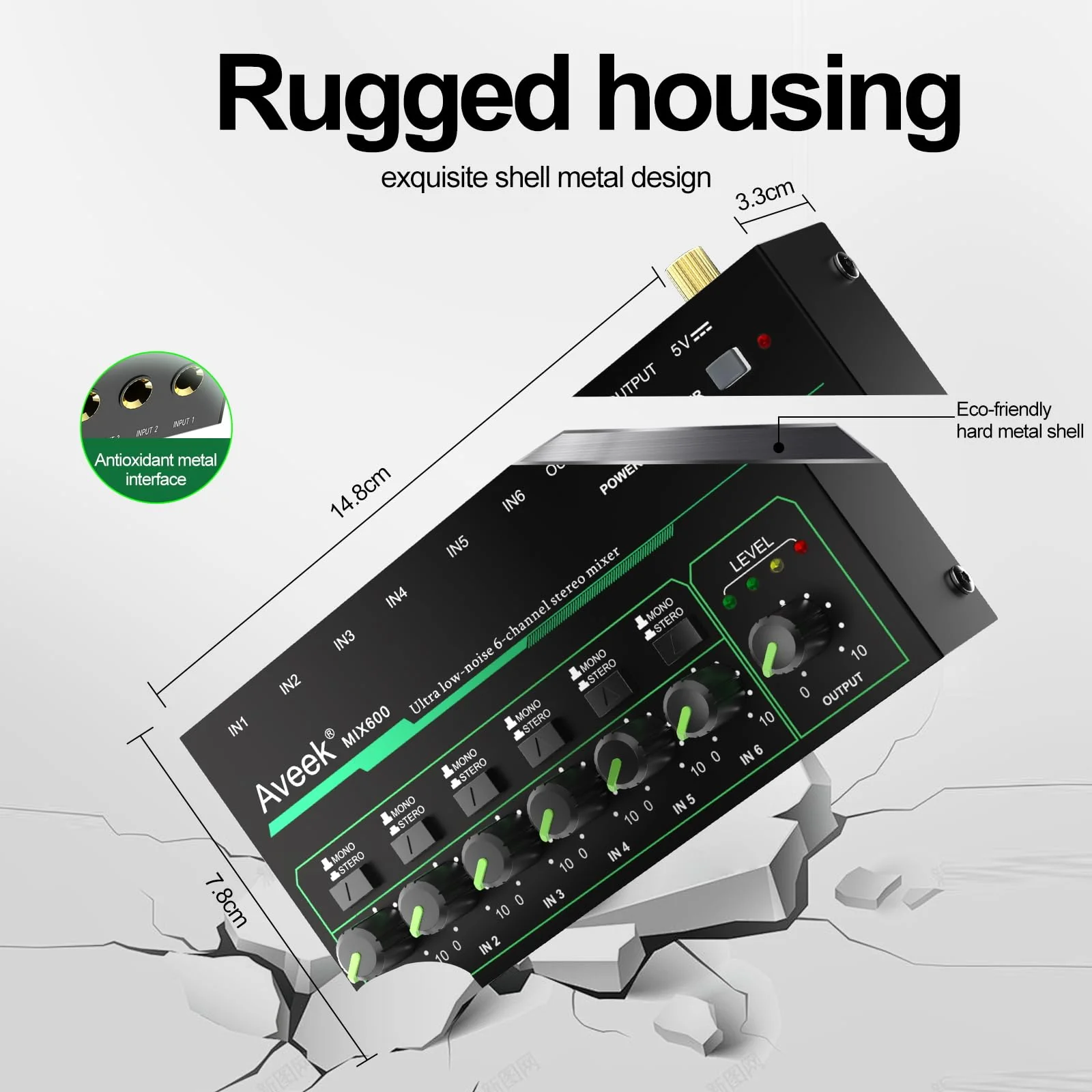 Aveek 6 Channel Mixer - Mini 6 Stereo Audio Mixer, Low-Noise for Precision Sub-Mixing,1/4" TRS Input/Output Ideal for Mics/Guitars/Bass/Stage - 3 x 5.8 x 1.3 inches - Image 6