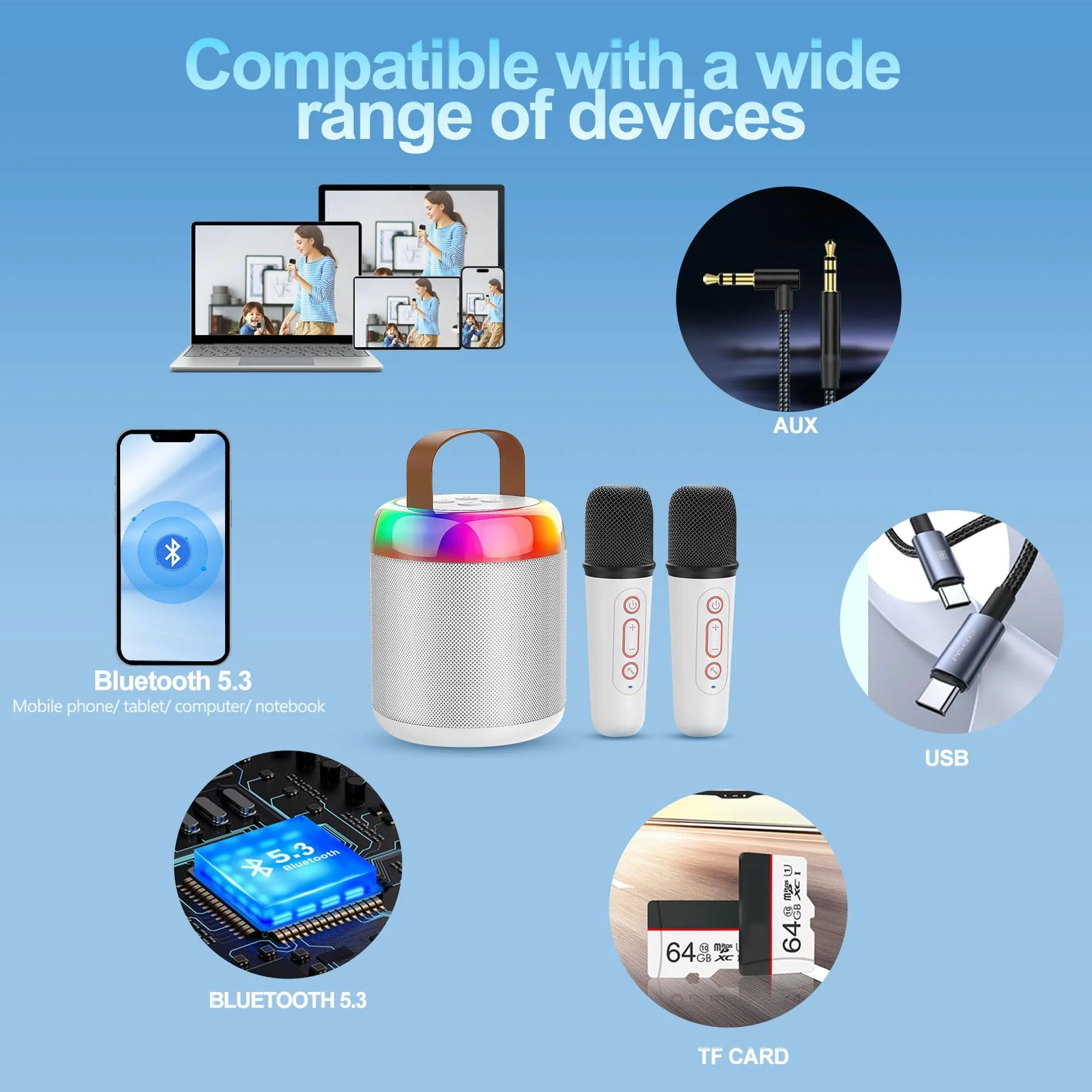 Aveek Karaoke Machine with 2 Wireless Mini Karaoke Microphones,Portable Bluetooth 5.3,Karaoke Audio Microphone All-in-One,Karaoke Machine Suitable for Adults,Children,Birthday Gifts,Family Gatherings - Image 5