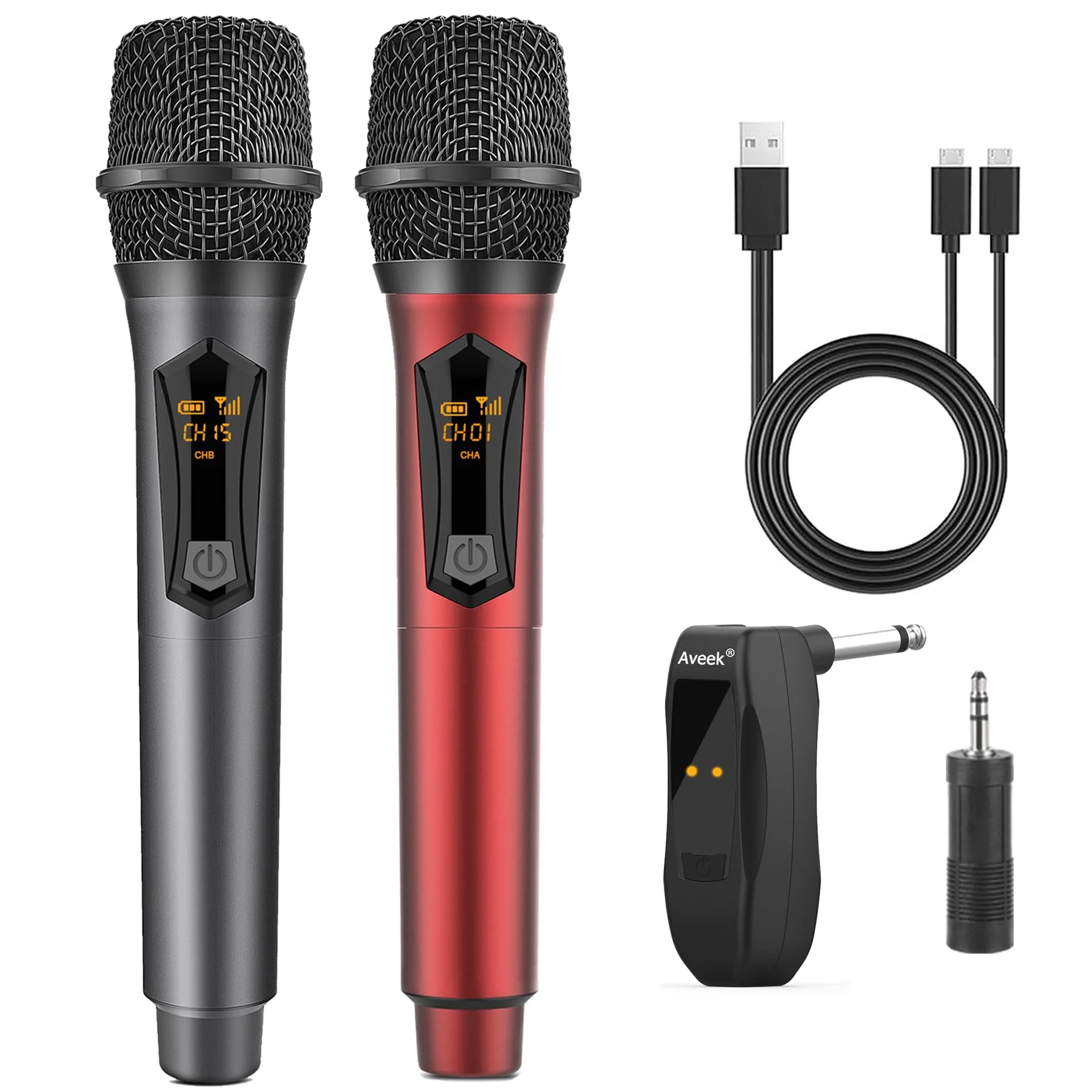 Aveek Wireless Microphone for Karaoke, Rechargeable Karaoke Microphone(Work 10hs), for Speaker, Karaoke Machine,Church, Speech, Wedding, Party Singing, Grey&Red, 2 Packs red&gray