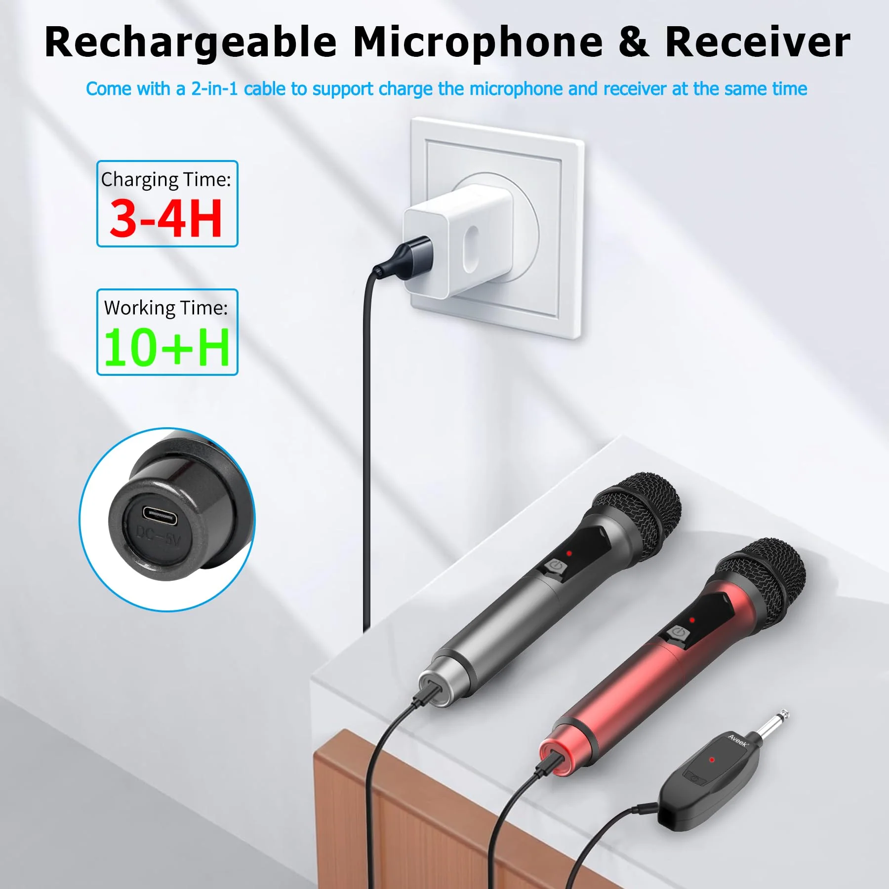 Aveek Wireless Microphone for Karaoke, Rechargeable Karaoke Microphone(Work 10hs), for Speaker, Karaoke Machine,Church, Speech, Wedding, Party Singing, Grey&Red, 2 Packs red&gray - Image 2