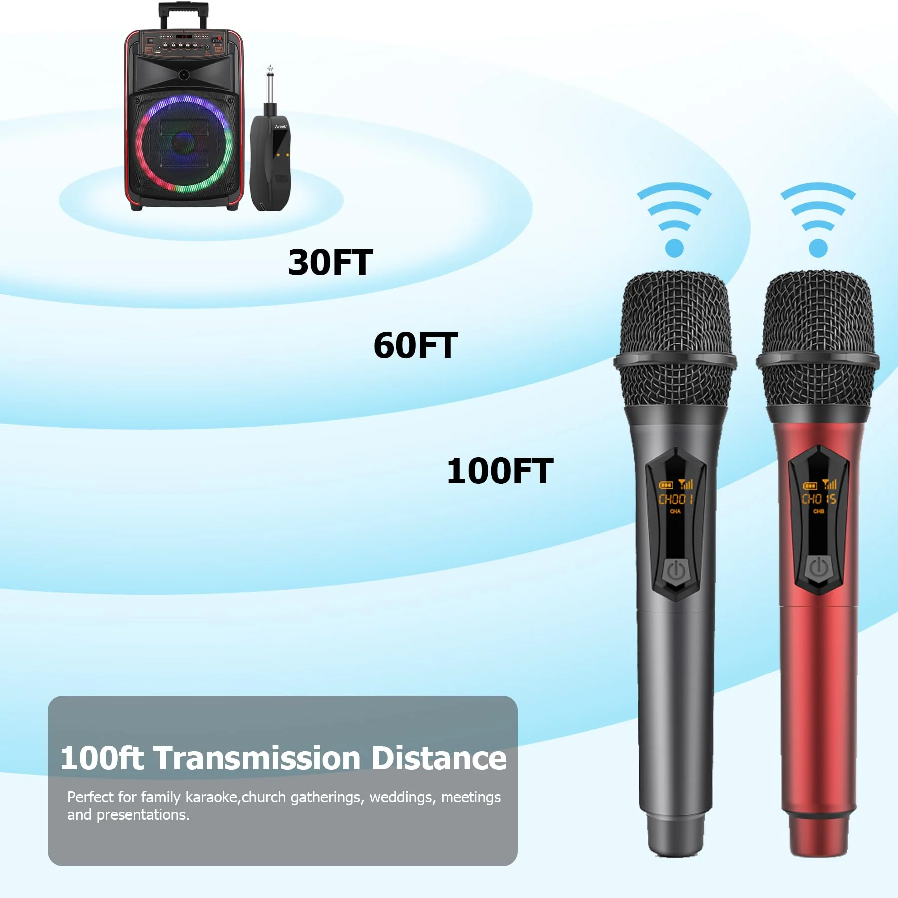 Aveek Wireless Microphone for Karaoke, Rechargeable Karaoke Microphone(Work 10hs), for Speaker, Karaoke Machine,Church, Speech, Wedding, Party Singing, Grey&Red, 2 Packs red&gray - Image 6