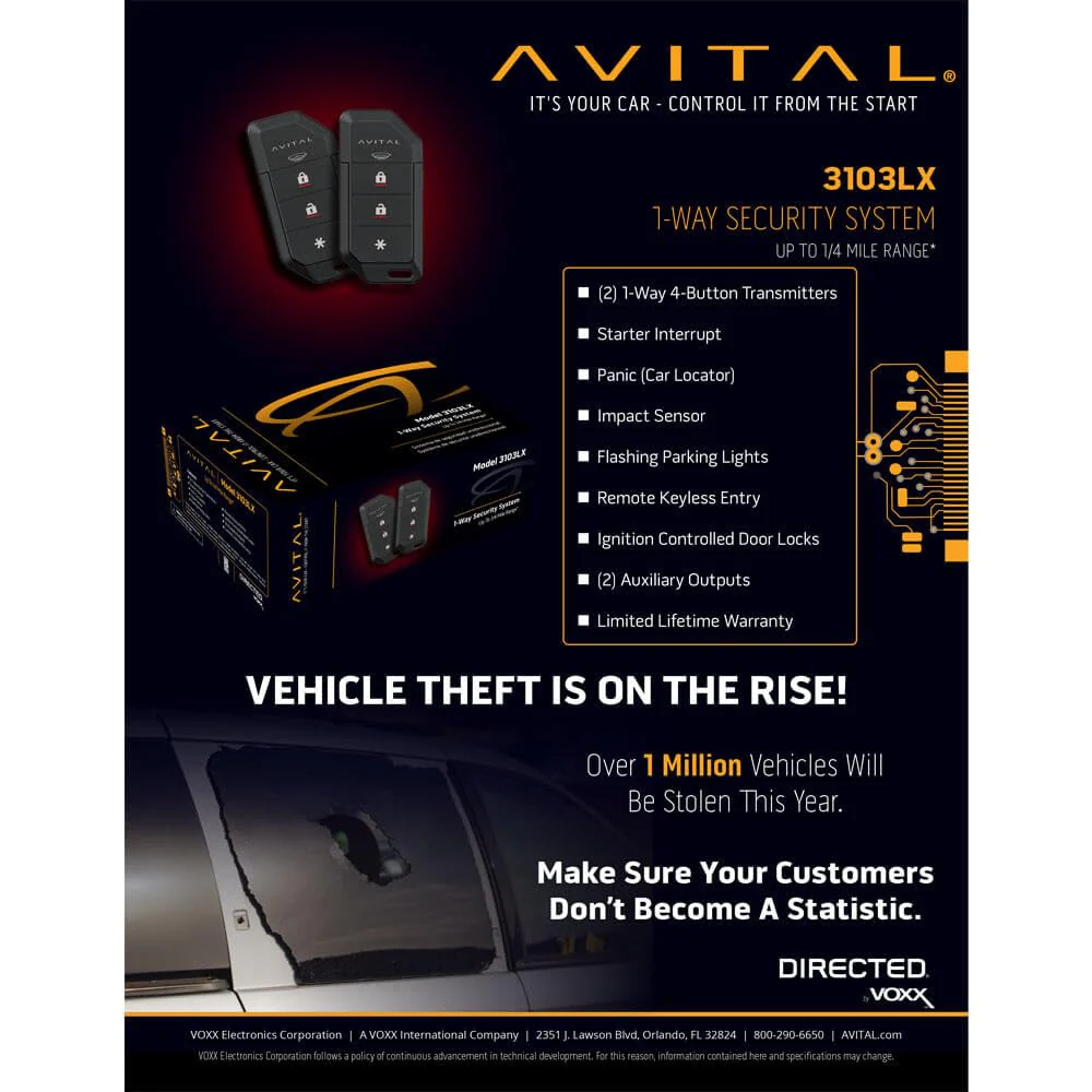 Avital 3103LX 1-Way Security System with Keyless Entry/Flashing Parking Lights - Image 2