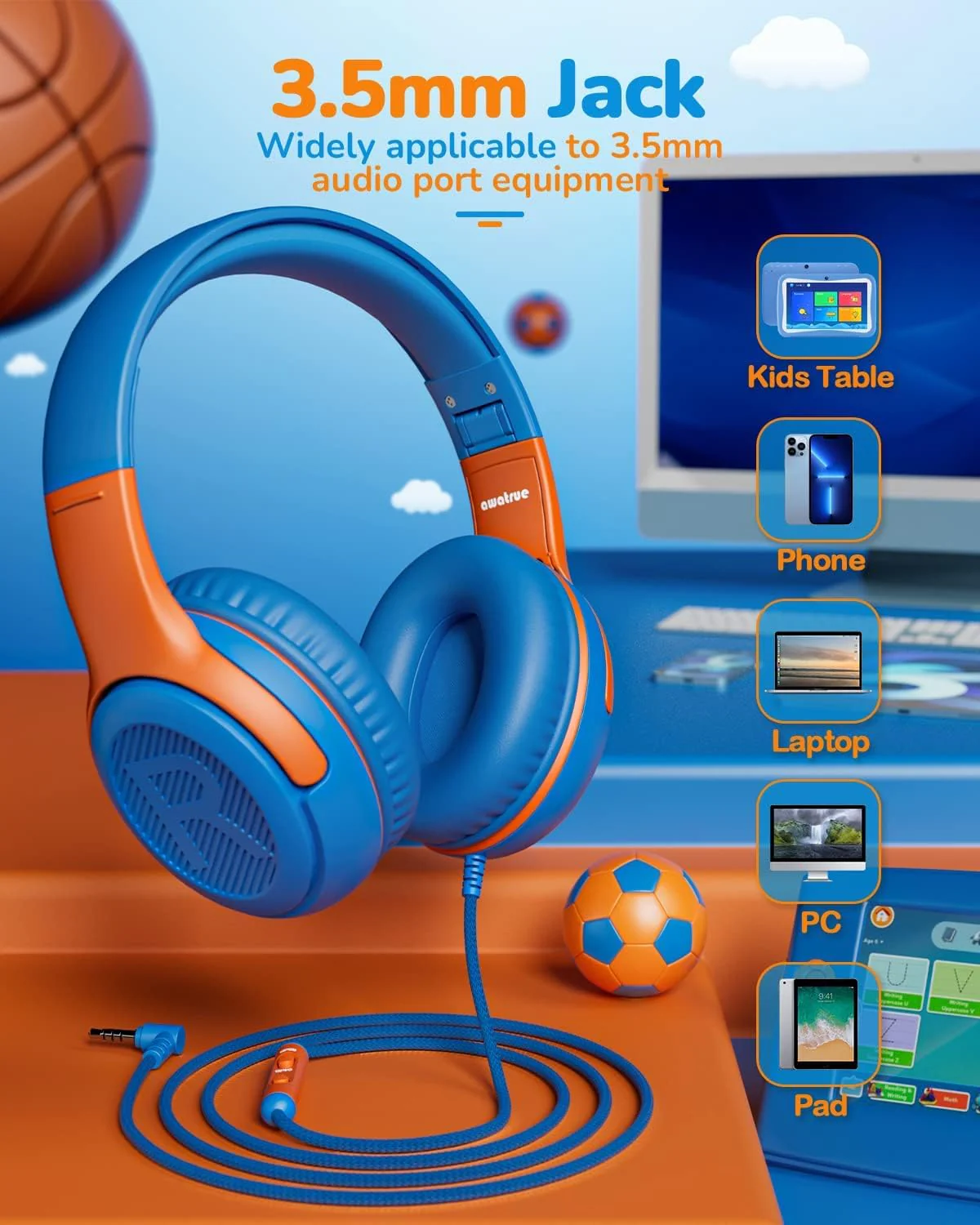 awatrue Kids Headphones Wired Toddler Headphones with Microphone, Over-Ear Headphones, 85/94dB Volume-Limiting, 3.5mm Jack, Foldable On-Ear Design - Safe & Comfortable for Learning BRBO 3.5mm Plug 2 Pack - Image 5