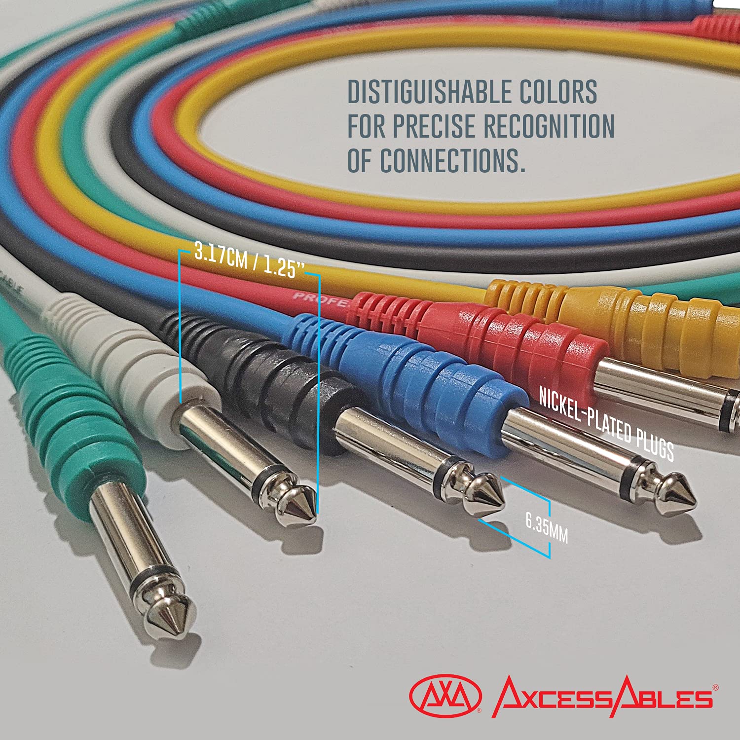 AxcessAbles 1/4 (6.35mm) TS to 1/4 (6.35mm) TS Unbalanced Mono Multi-Color Patch Cables 6 Pack (3ft) Outboard Gear & Patchbay Studio Cables External Effects Digital Analog Effects 3ft - 6PK - Image 3