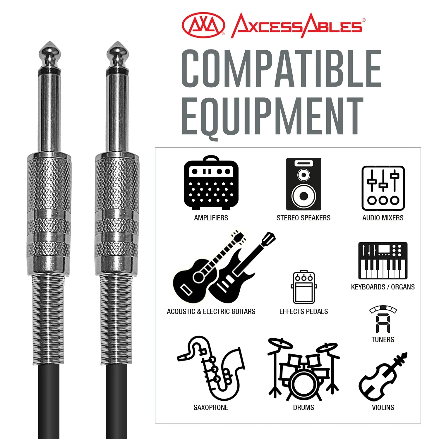 AxcessAbles 1/4-Inch TS Instrument Cables – 10ft Guitar & Amp Cables, 5-Pack | 6.35mm Audio Cord for Guitar, Bass, Keyboard, Amplifier, Speaker - Image 2