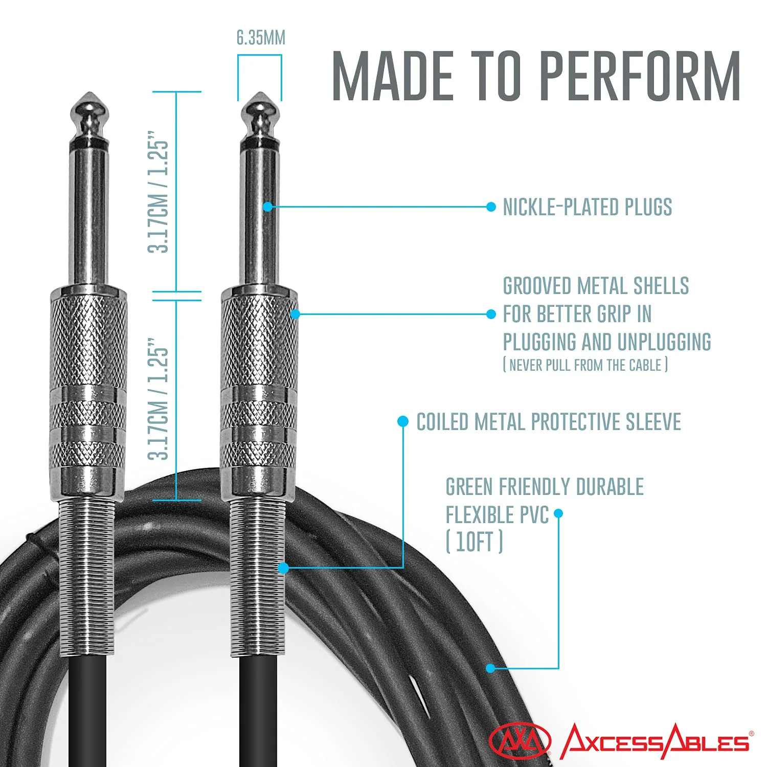 AxcessAbles 1/4-Inch TS Instrument Cables – 10ft Guitar & Amp Cables, 5-Pack | 6.35mm Audio Cord for Guitar, Bass, Keyboard, Amplifier, Speaker - Image 3