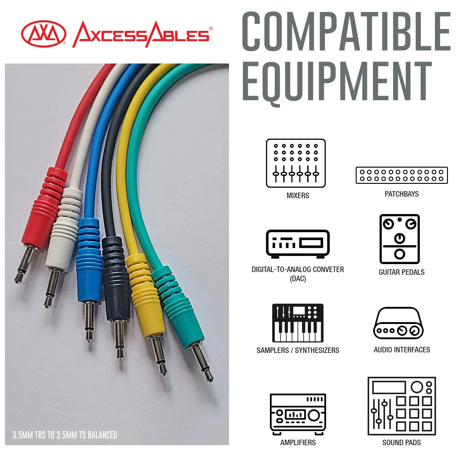 AxcessAbles 3.5mm TS Patch Cables | 1/8 Inch TS Aux Cable Pack (1ft, 6 Pack) | Eurorack Synthesizer Audio Cables | Multicolor Unbalanced Patch Cables 1ft - Image 2