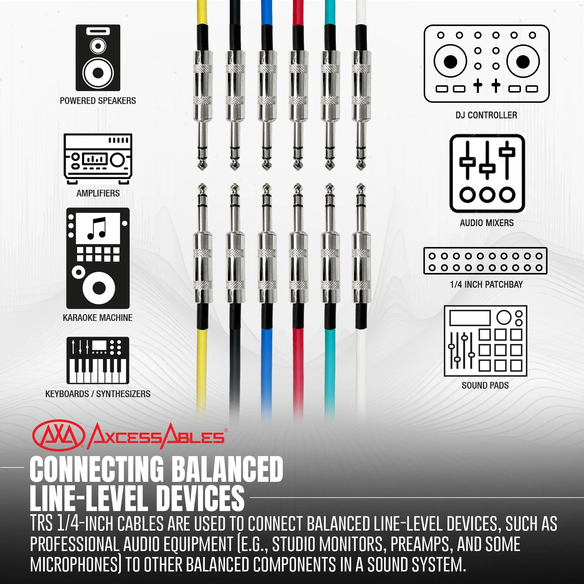 AxcessAbles Balanced Audio Cables - 1/4" TRS to TRS 6 Pack (10ft) 10ft - Image 2