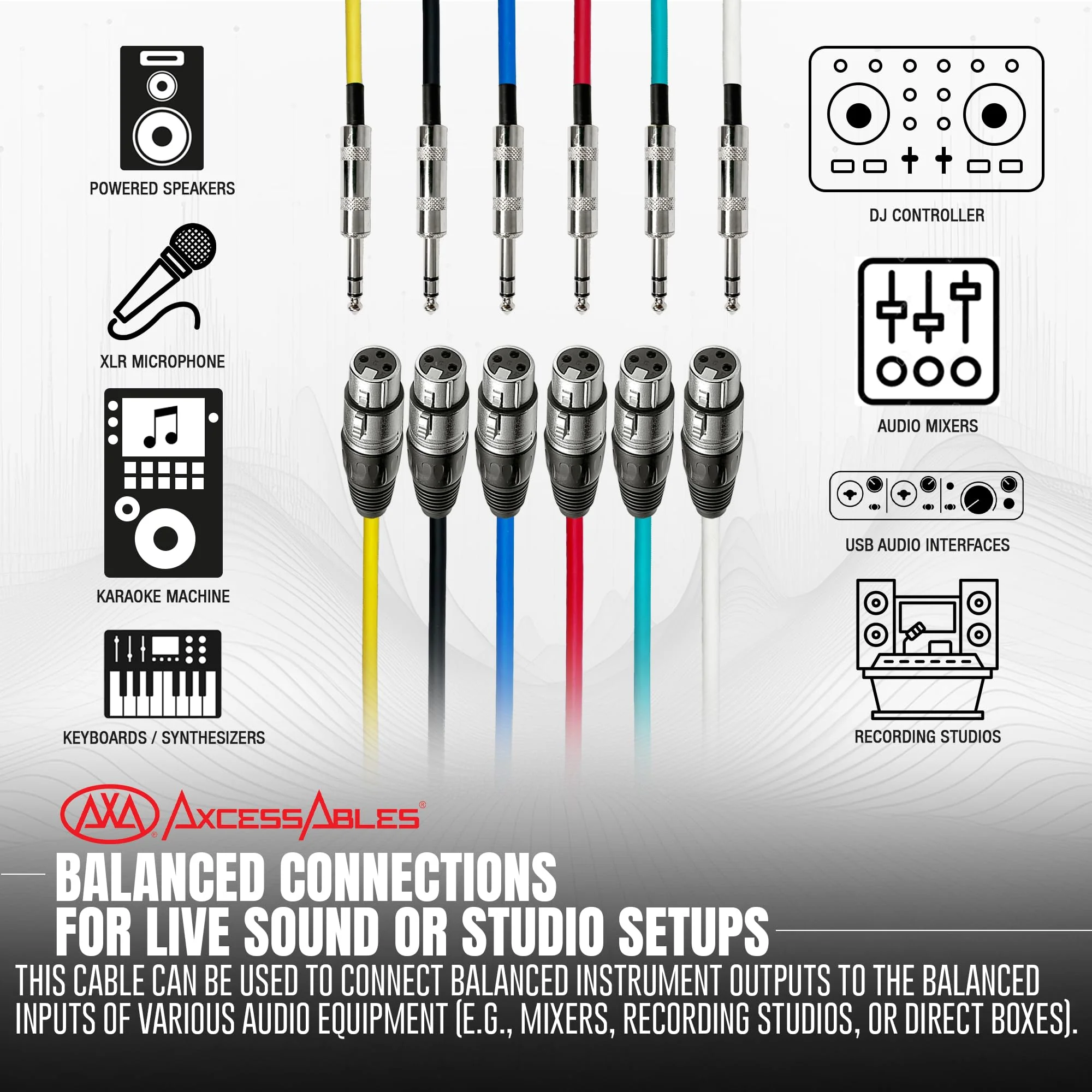AxcessAbles XLR Female to 1/4" TRS Balanced 15ft Speaker Color Cable Pack | Balanced Speaker, Microphone Snake Cords (15ft - 6 Pack) XLR Female to 1/4 TRS - Image 2