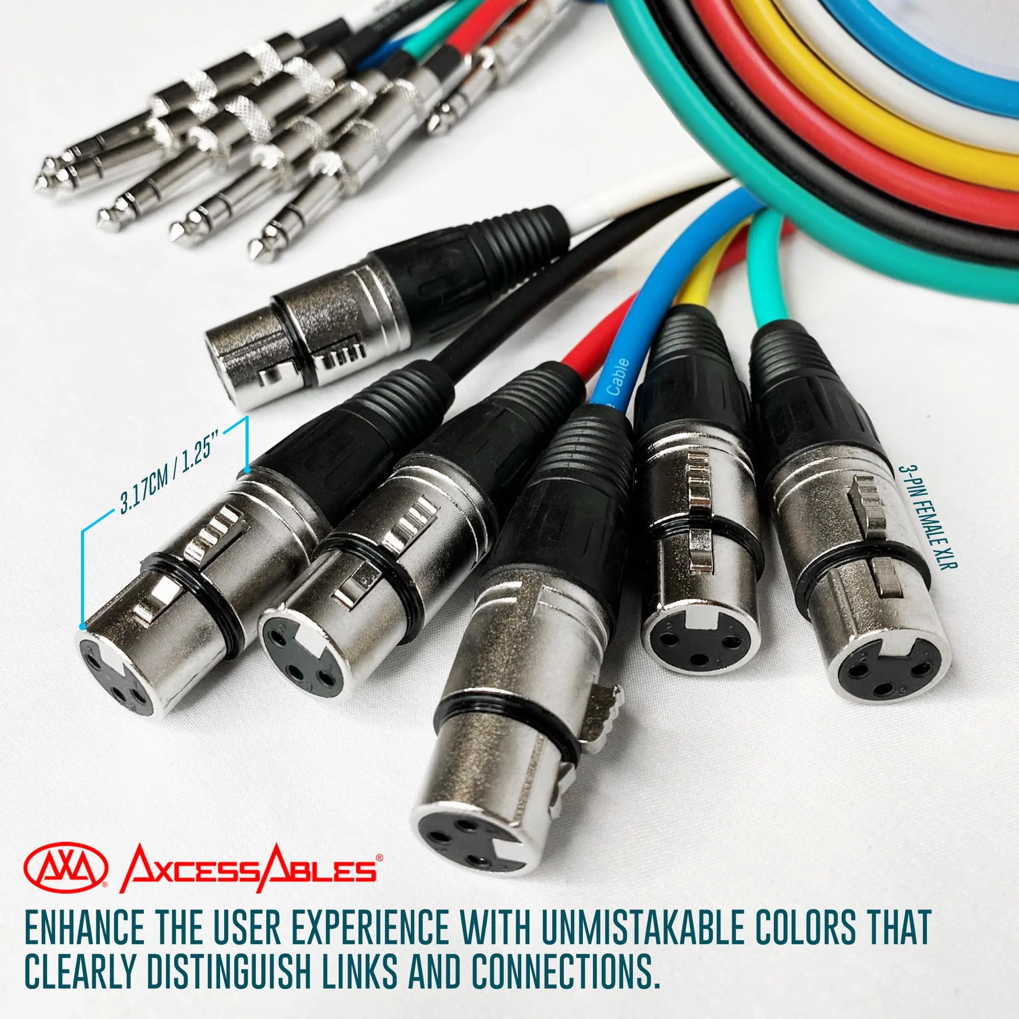 AxcessAbles XLR Female to 1/4" TRS Balanced 2ft Speaker Color Cable Pack | Balanced Speaker, Microphone Snake Cords (2ft - 6 Pack) XLR Female to 1/4 TRS - Image 4