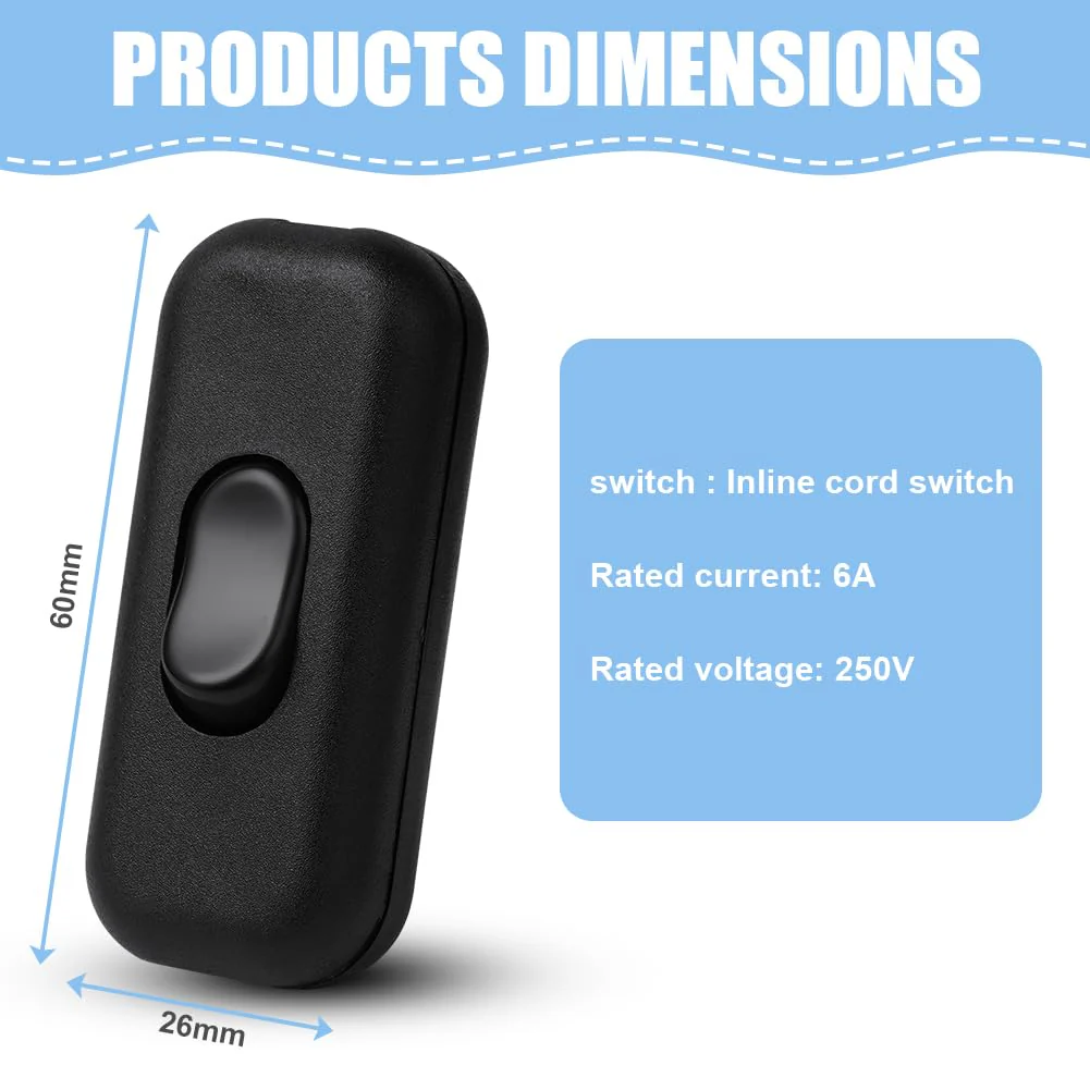AXFEE Inline Switch, Pack of 2 250 V 6 A Intermediate Switch Cord Switch, Cable Switch, Rocker Switch, 2-Core and 3-Core Leads, Cord Switch for Lamp Small Appliances, Black Black - Pack of 2 - Image 2
