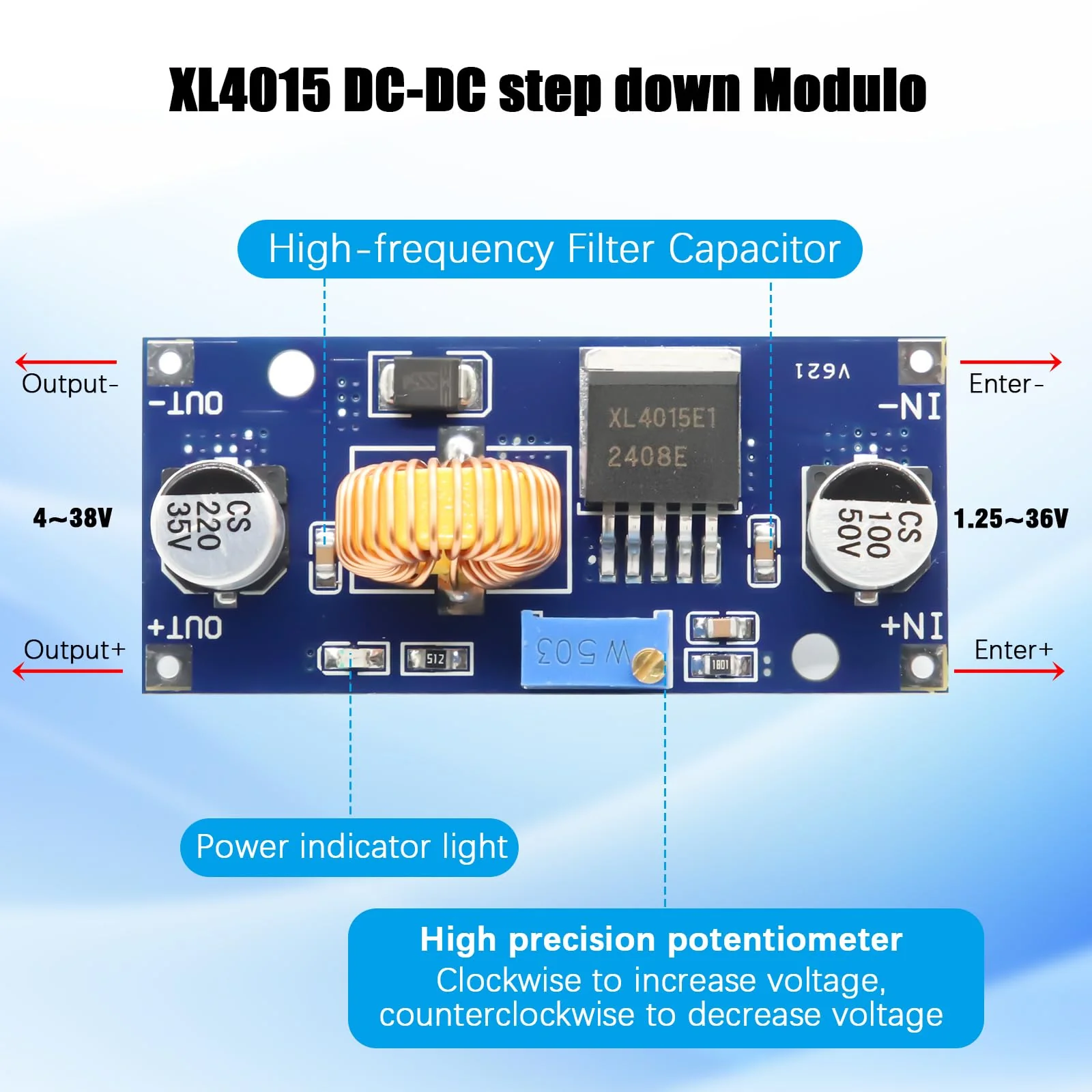 AYWHP DC-DC Step-Down Converter XL4015 6 Pieces 4-38V to 1.25-36V 5A 96% Efficiency for Arduino - Image 5