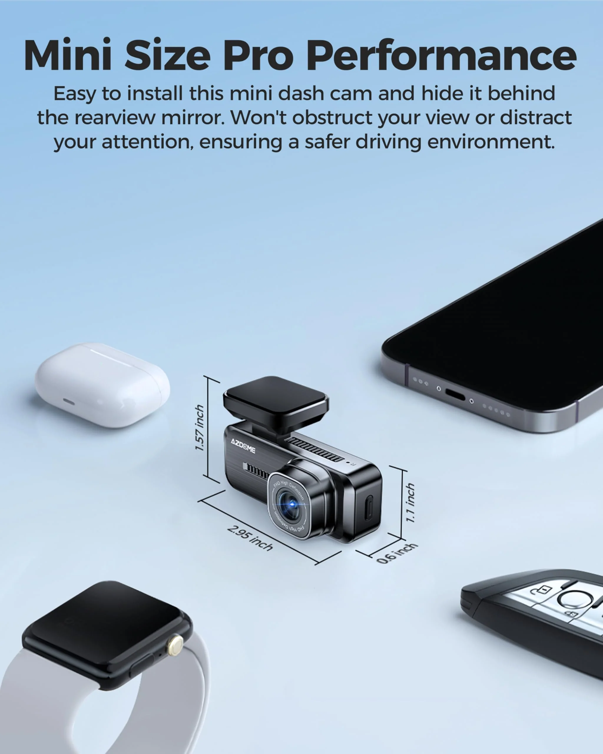 AZDOME M200 Mini Dash Cam WiFi Dashcam - Single Channel Dash Cam for Broad Road Coverage - Built-in WiFi - Full HD Resolution - Parking Monitor - App Connectivity - Collision Detection - Night Vision - Image 3