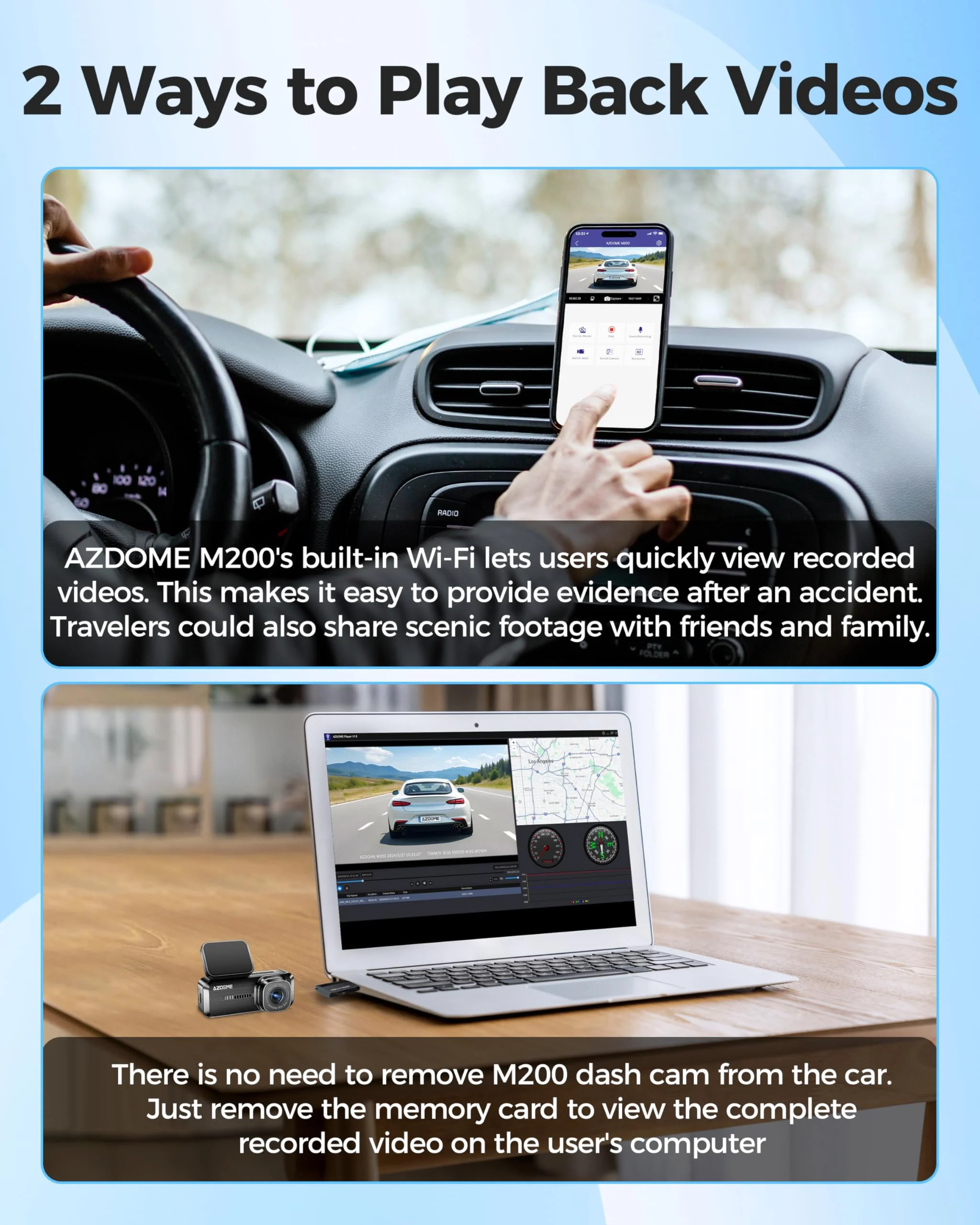 AZDOME M200 Mini Dash Cam WiFi Dashcam - Single Channel Dash Cam for Broad Road Coverage - Built-in WiFi - Full HD Resolution - Parking Monitor - App Connectivity - Collision Detection - Night Vision - Image 5