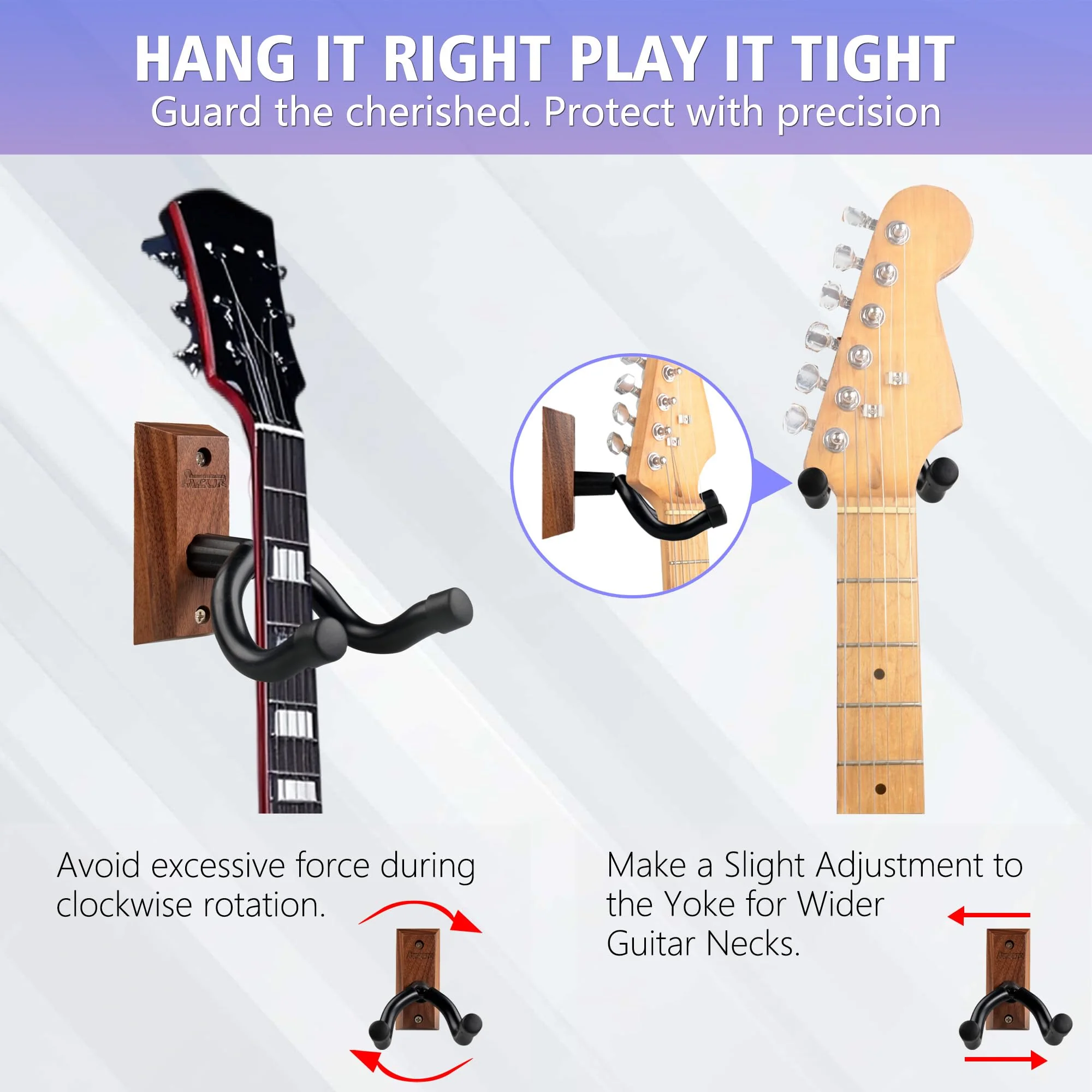AZOR 3 Pack Black Walnut Guitar Wall Mount Set, U-Shaped Wooden Hanger for Acoustic/Electric Guitars, Bass, Banjo, Premium Wall Hook Holder, Gift for Guitarists & Music Enthusiasts - Image 2