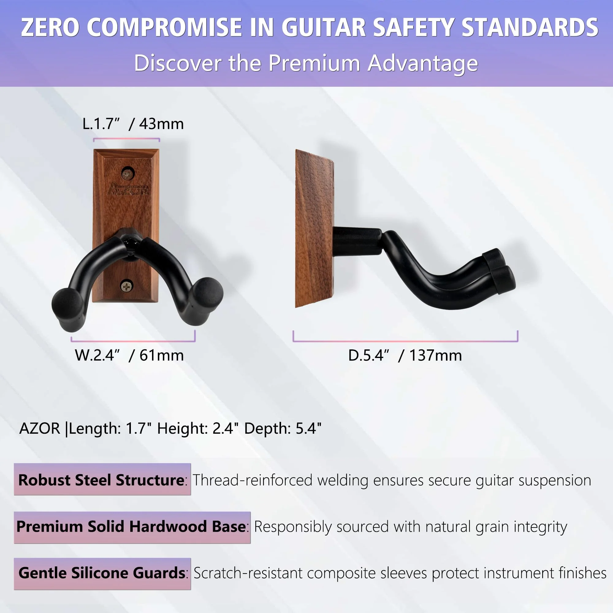 AZOR 3 Pack Black Walnut Guitar Wall Mount Set, U-Shaped Wooden Hanger for Acoustic/Electric Guitars, Bass, Banjo, Premium Wall Hook Holder, Gift for Guitarists & Music Enthusiasts - Image 3