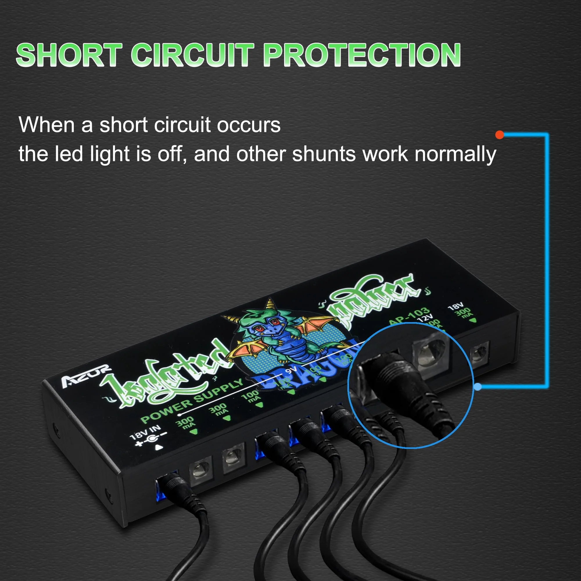 AZOR AP-103 Guitar Pedal Power Supply, True Isolated Pedalboard Power Supply with 10 Totally Isolated DC 9V/12V/18V Outputs(100mA/300mA/500mA), Noiselessly - Reliable Guitar Pedal Board Power Supply - Image 2