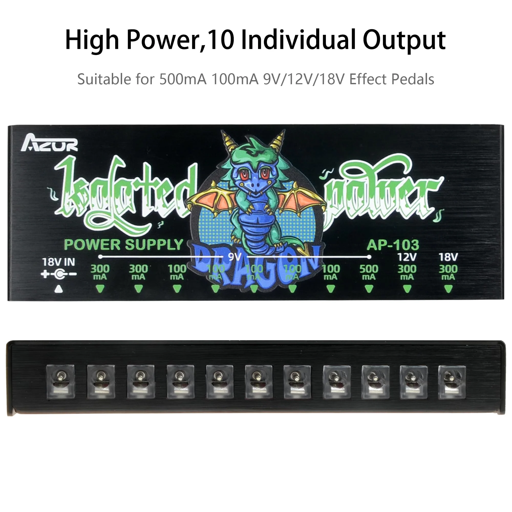 AZOR AP-103 Guitar Pedal Power Supply, True Isolated Pedalboard Power Supply with 10 Totally Isolated DC 9V/12V/18V Outputs(100mA/300mA/500mA), Noiselessly - Reliable Guitar Pedal Board Power Supply - Image 6