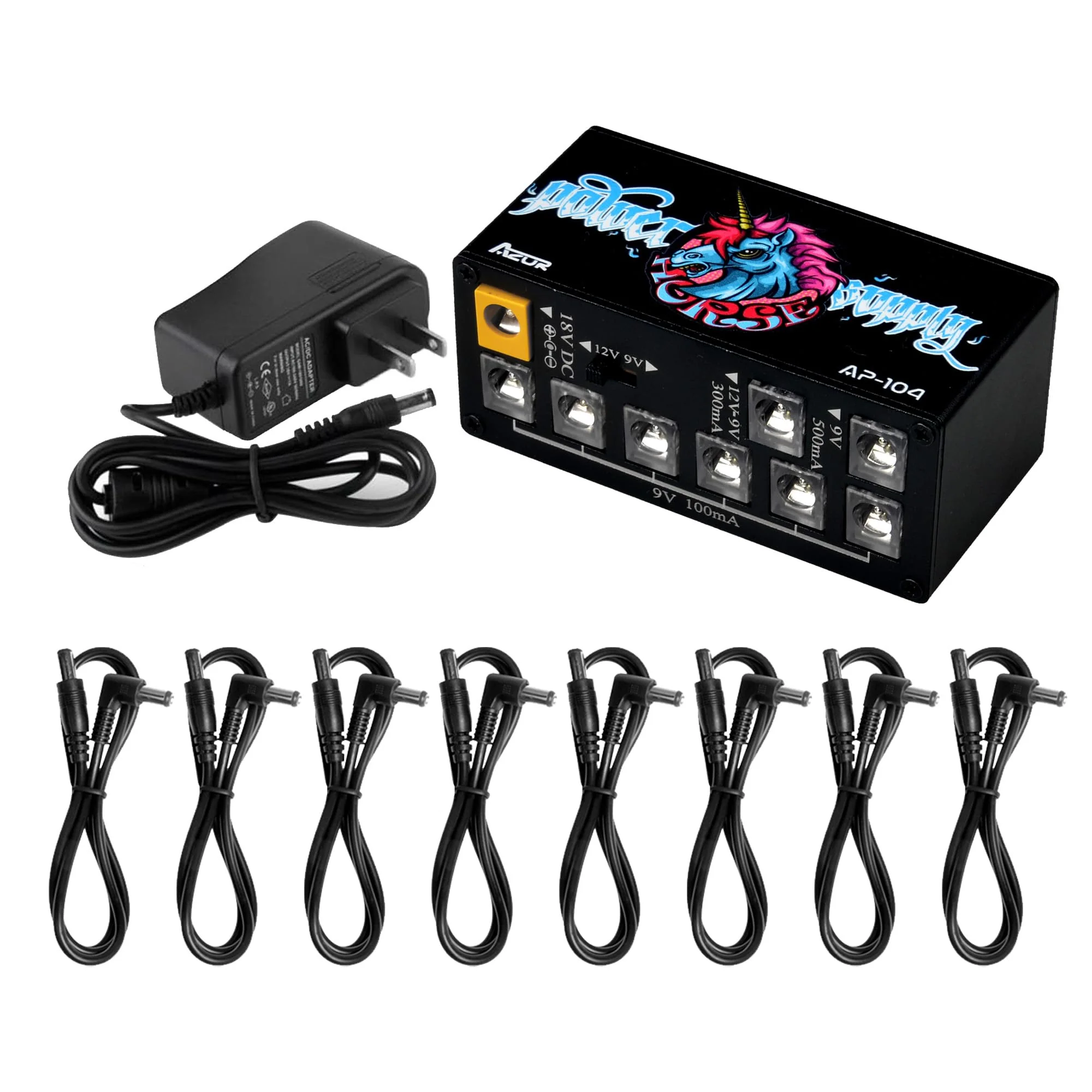 AZOR AP-104 Pedal Power Supply 8 DC Outputs Mini Pedal Board Power Supply with Switchable Voltage for 9V/12V Effect Pedal Power Supply