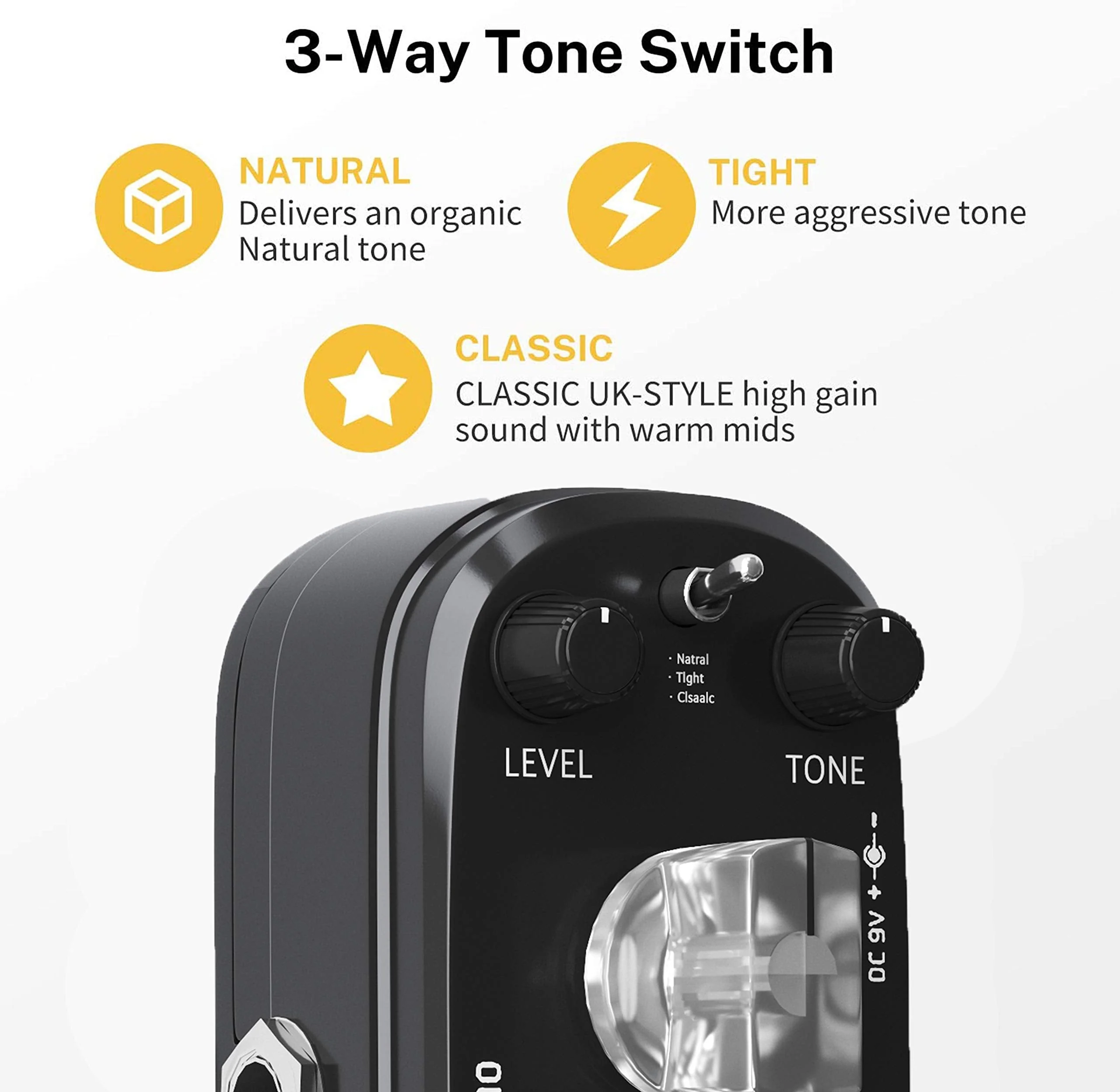 AZOR Distortion Guitar Effect Pedal 3 Modes Natural, Tight, Classic for Electric Guitar True Bypass AP-302 Black Distortion - Image 3