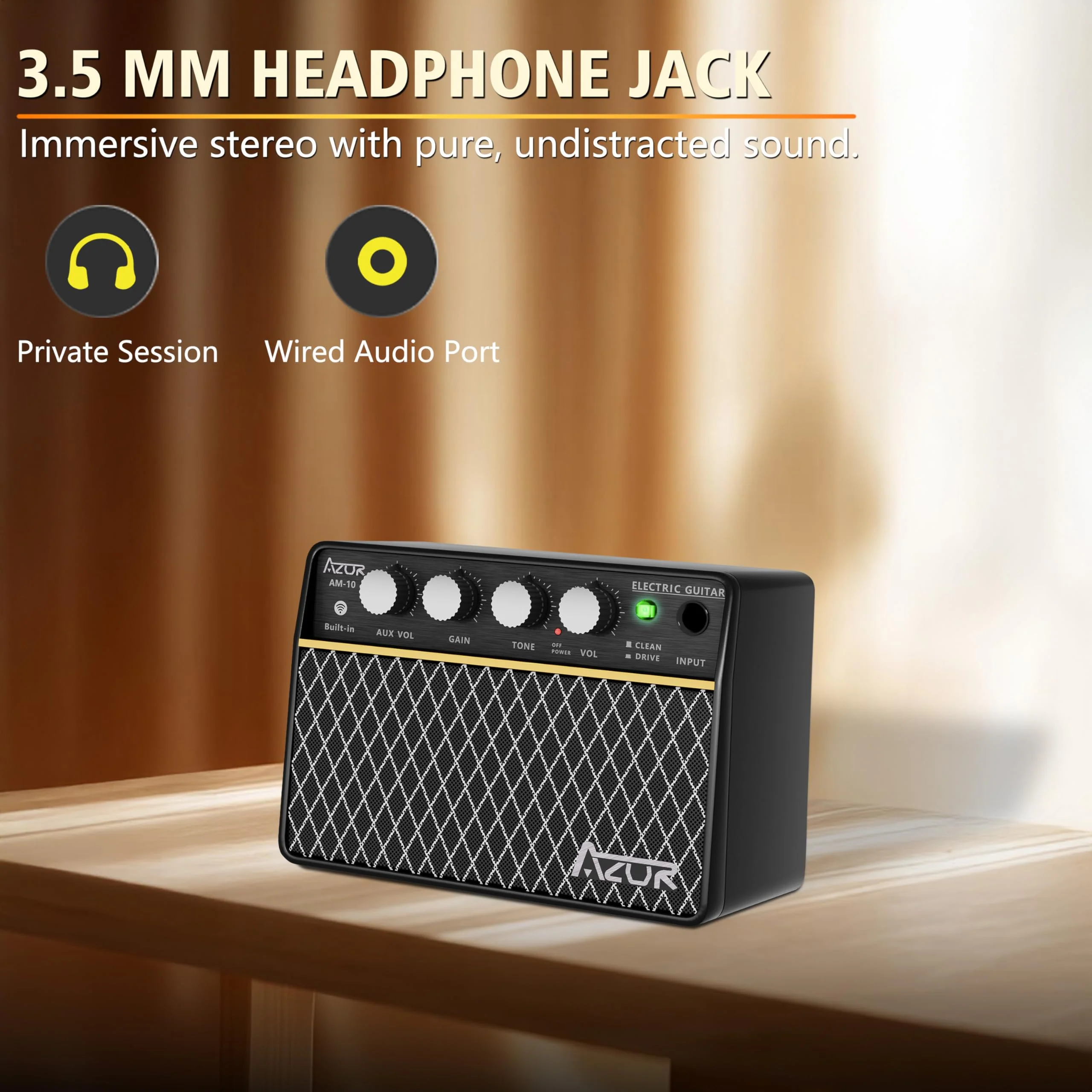 AZOR Guitar Amp, 10W USB-C Rechargeable, 6H Working Mini Electric Guitar Amplifier Wireless Amp with Clean/Drive Channels with 3.5mm Headphone/AUX Jack Output for Indoor Practice ABA-10 - Image 7