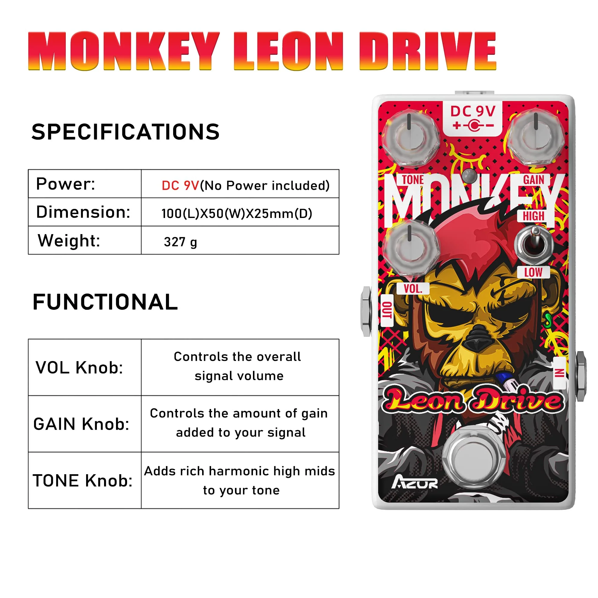 AZOR Leon Dirve Guitar Pedal, Mini Overdrive Analog Effect Pedal for Electric Guitar Pedalboard True Bypass AP503 - Image 2