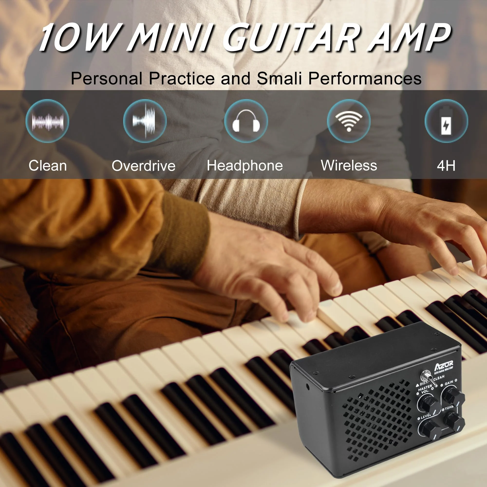 AZOR Mini Electric Guitar Amplifier | 10W Rechargeable Battery | Clean & Distortion Effects, Gain Control | Headphone Output for Silent Practice | Portable for Travel & Indoor Use - Image 2