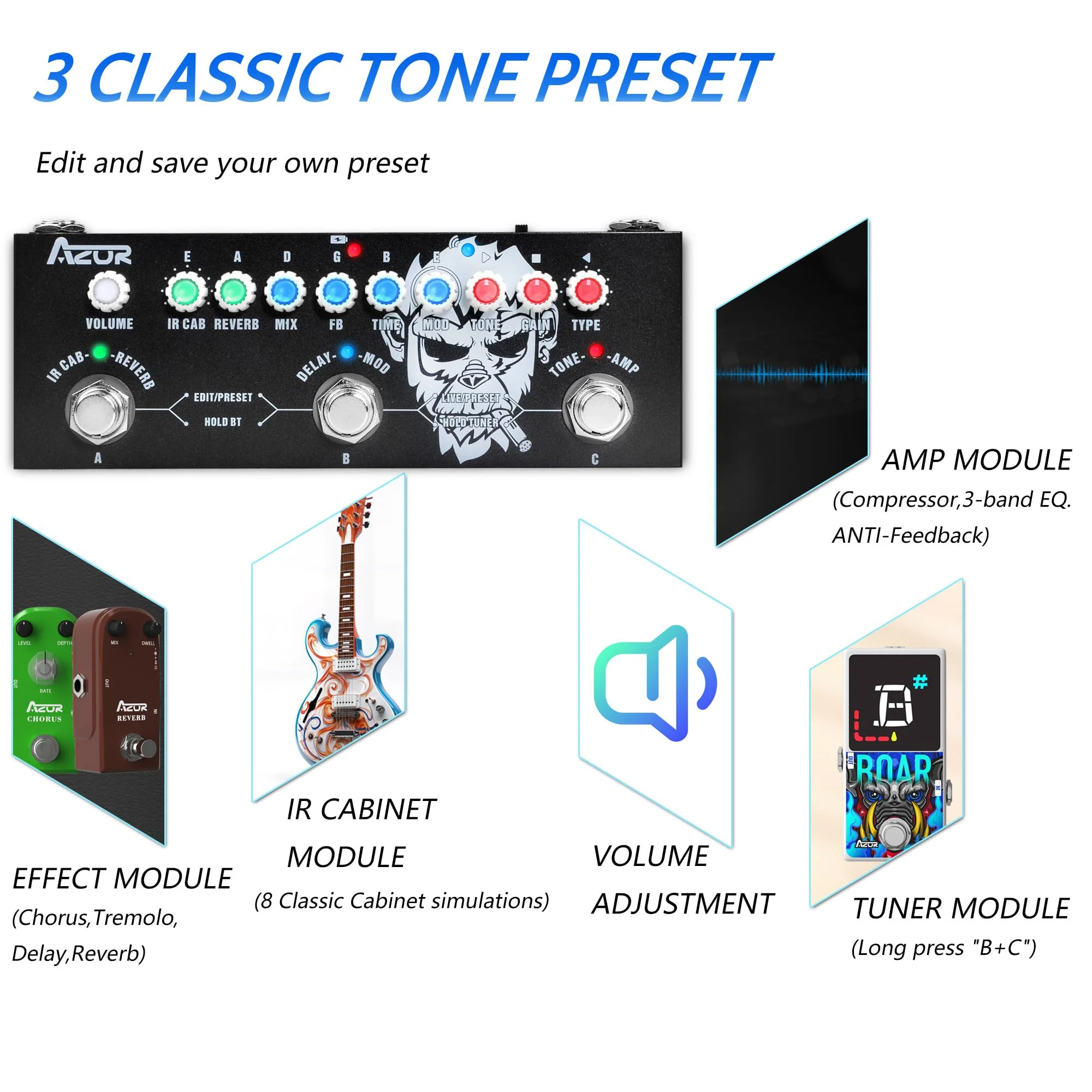 AZOR Multi Effects Guitar Pedal with 3 Preset,8 IR Cab 9 AMP Models, Reverb Delay Overdrive, Distortion and Tuner for Electric Guitar, Rechargable Multi Effect Pedal - Image 5