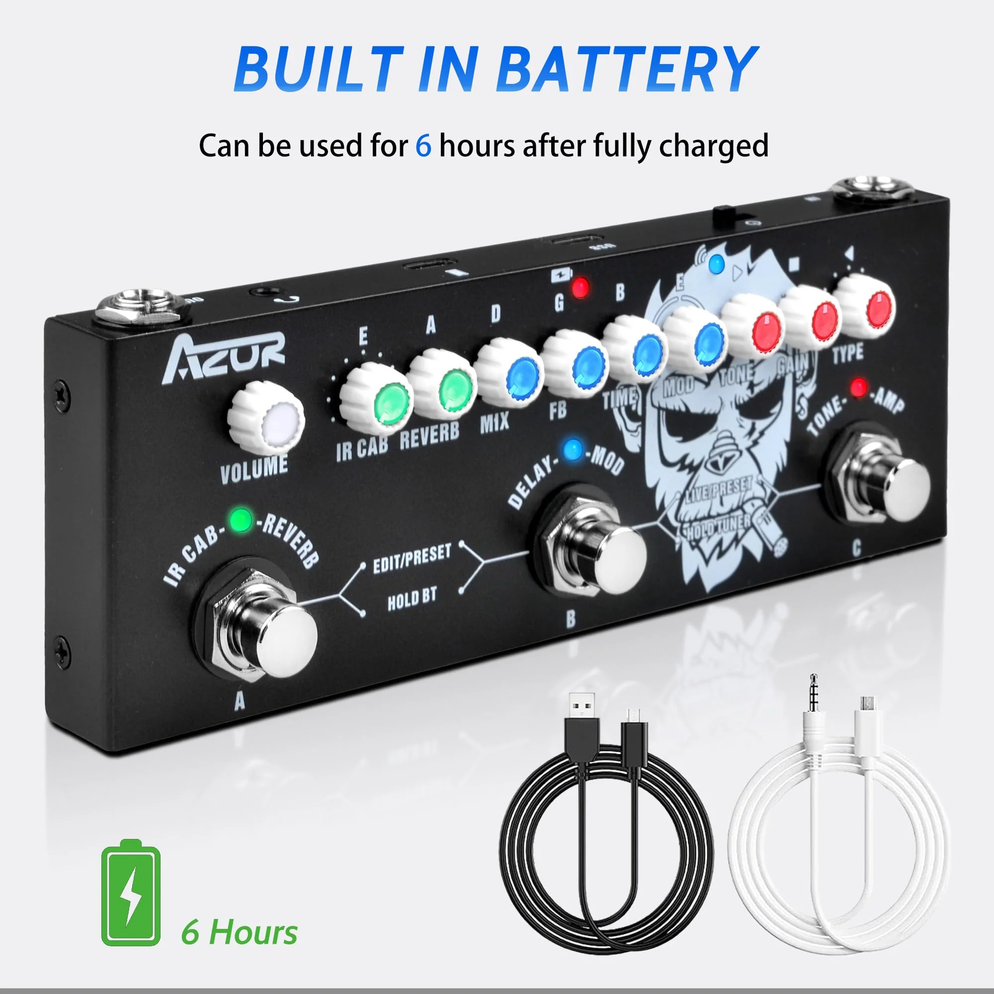 AZOR Multi Effects Guitar Pedal with 3 Preset,8 IR Cab 9 AMP Models, Reverb Delay Overdrive, Distortion and Tuner for Electric Guitar, Rechargable Multi Effect Pedal - Image 6