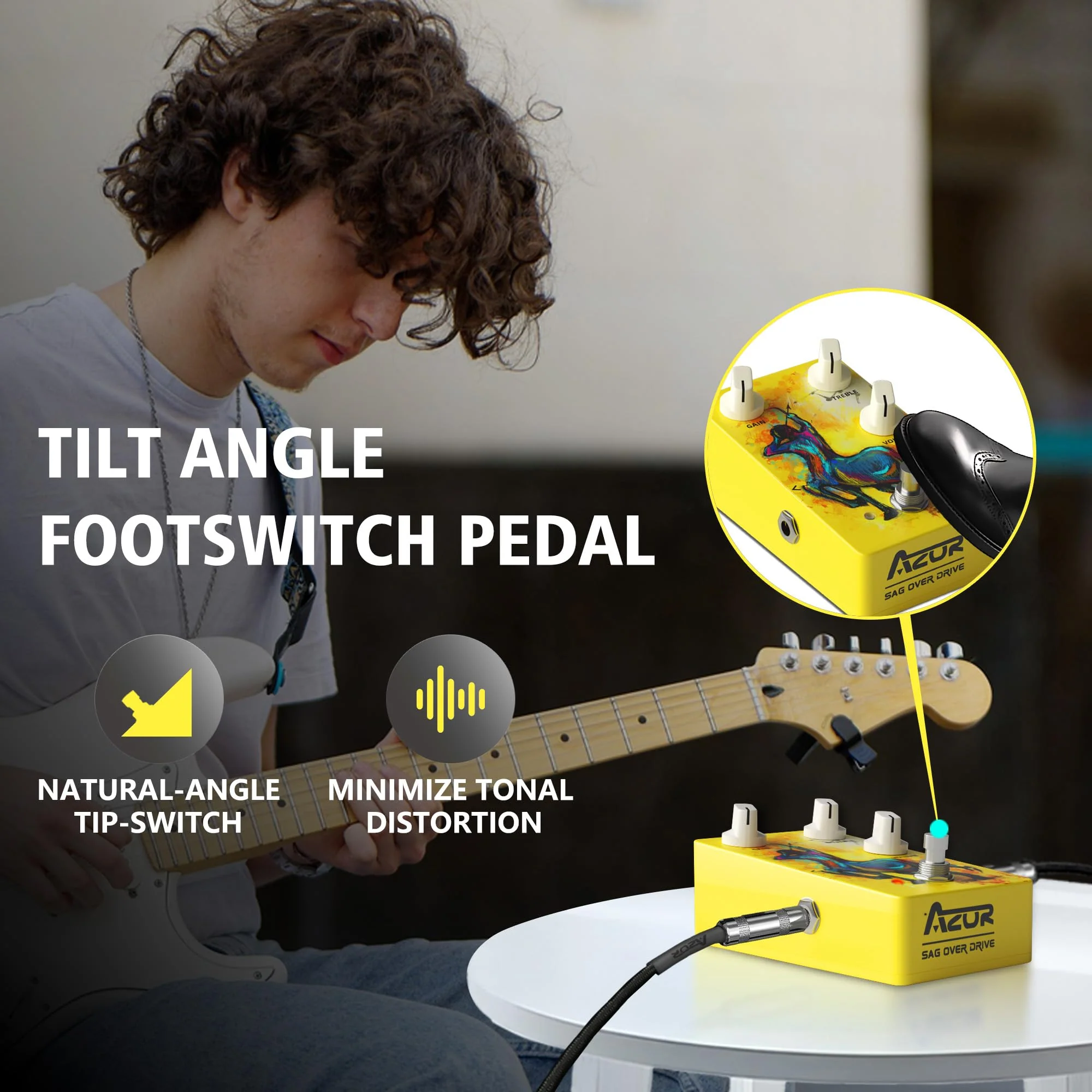 AZOR SAG OVER DRIVE Analog Overdrive Pedal - True Bypass with Tilt-Angle Footswitch, High Gain Effects for Electric Guitar, 3-Knob Control (GAIN/VOLUME/TONE), DC9V Powered, Low Noise - Image 2