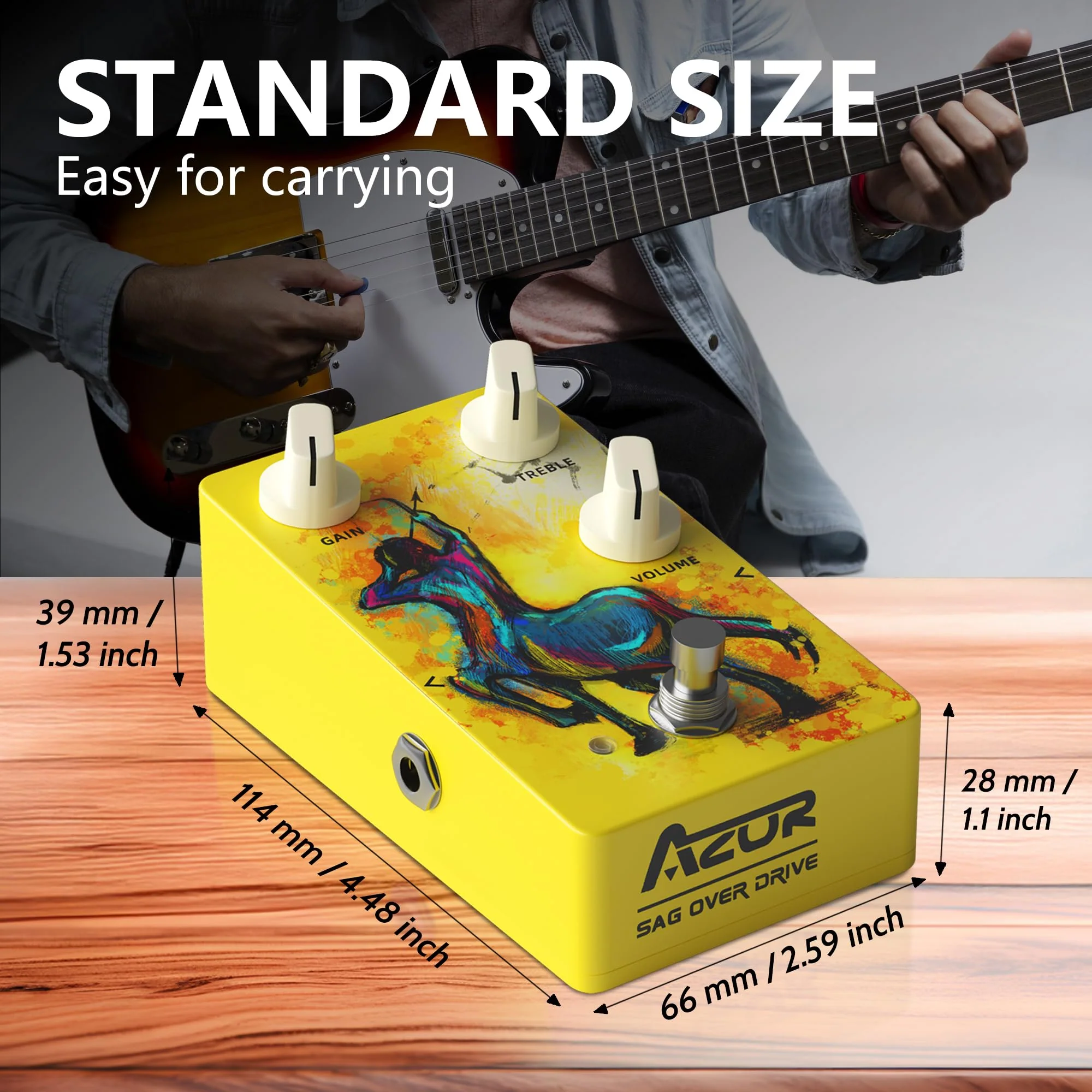 AZOR SAG OVER DRIVE Analog Overdrive Pedal - True Bypass with Tilt-Angle Footswitch, High Gain Effects for Electric Guitar, 3-Knob Control (GAIN/VOLUME/TONE), DC9V Powered, Low Noise - Image 5