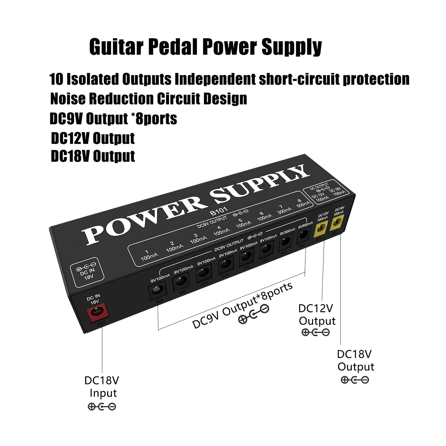 B101 Guitar Pedal Power Supply, 10 Isolated Outputs, 9V/12V/18V - Image 2