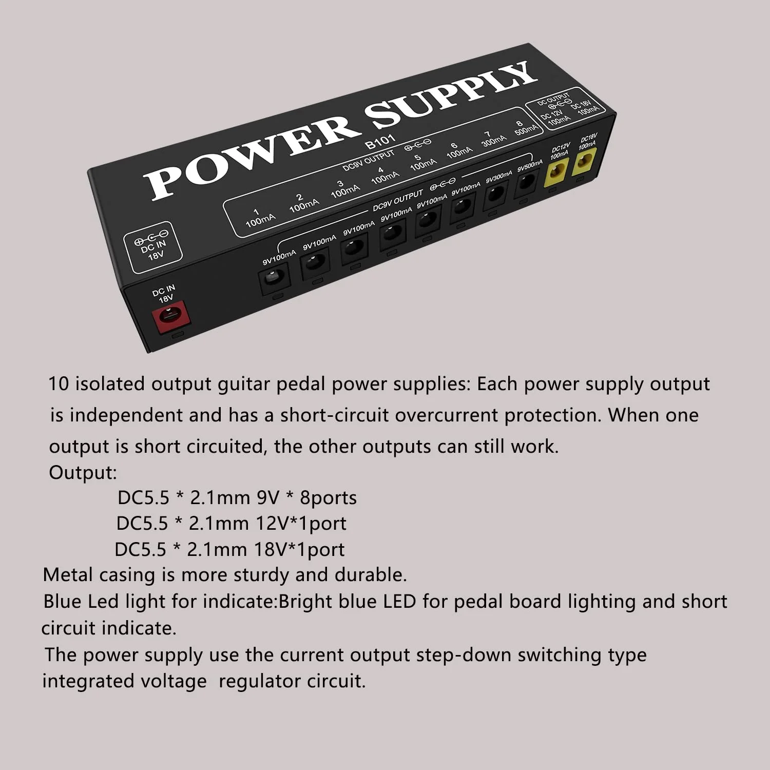 B101 Guitar Pedal Power Supply, 10 Isolated Outputs, 9V/12V/18V - Image 5